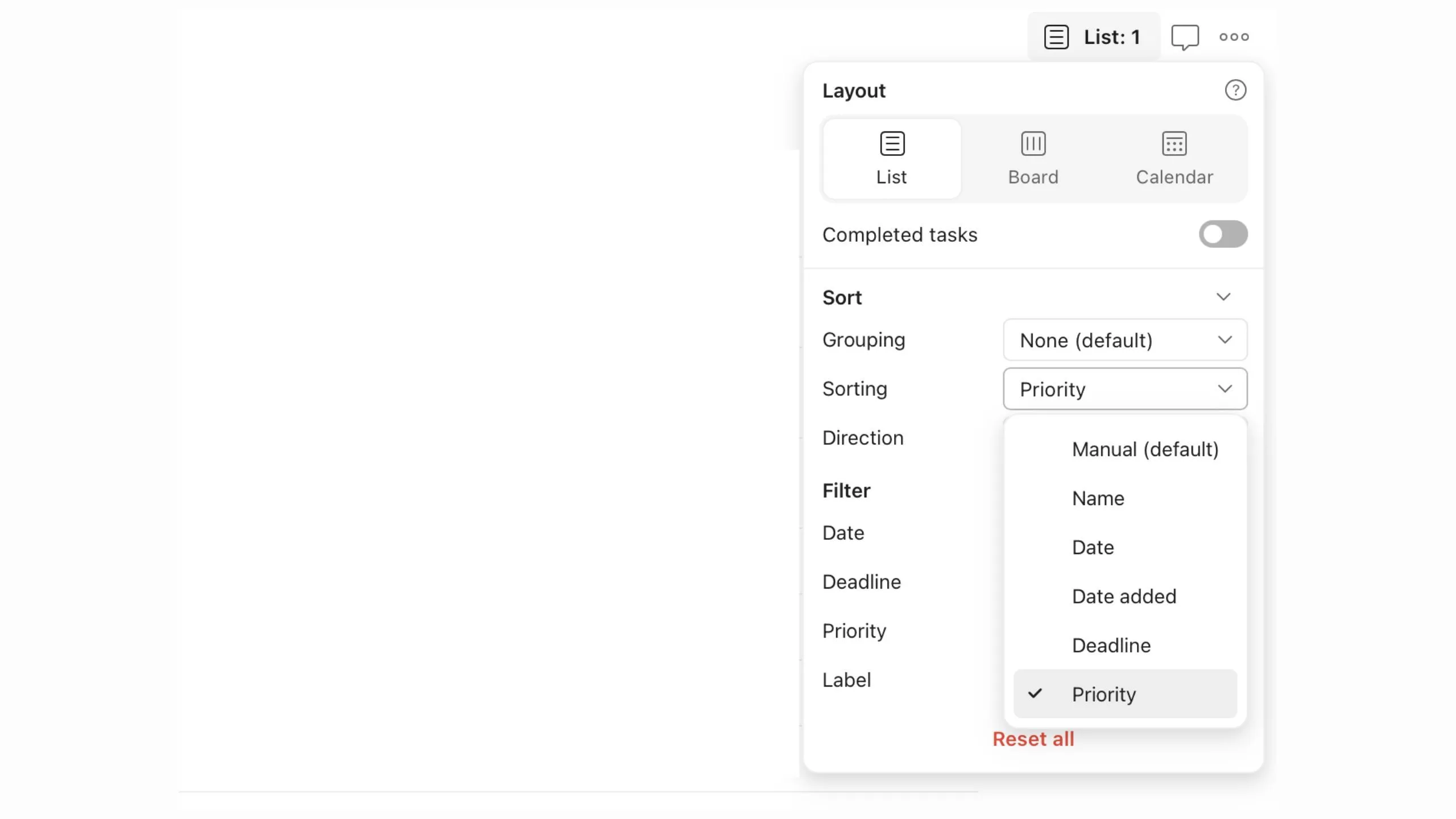 Giao diện Todoist hiển thị các tác vụ được sắp xếp theo cấp độ ưu tiên P1, P2, P3