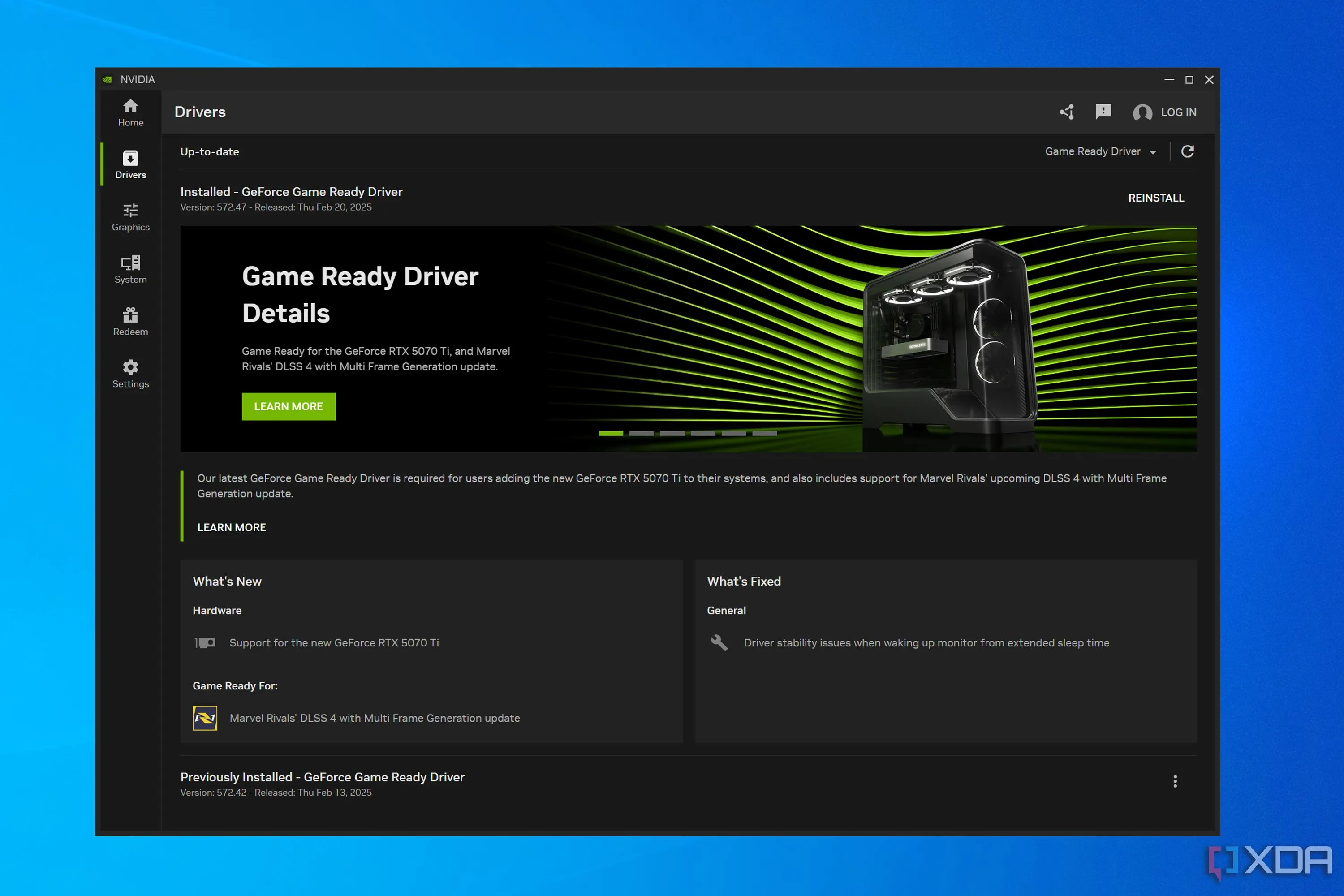 Giao diện trang cập nhật driver trong ứng dụng NVIDIA App, cho phép người dùng lựa chọn giữa driver Studio và Game Ready.