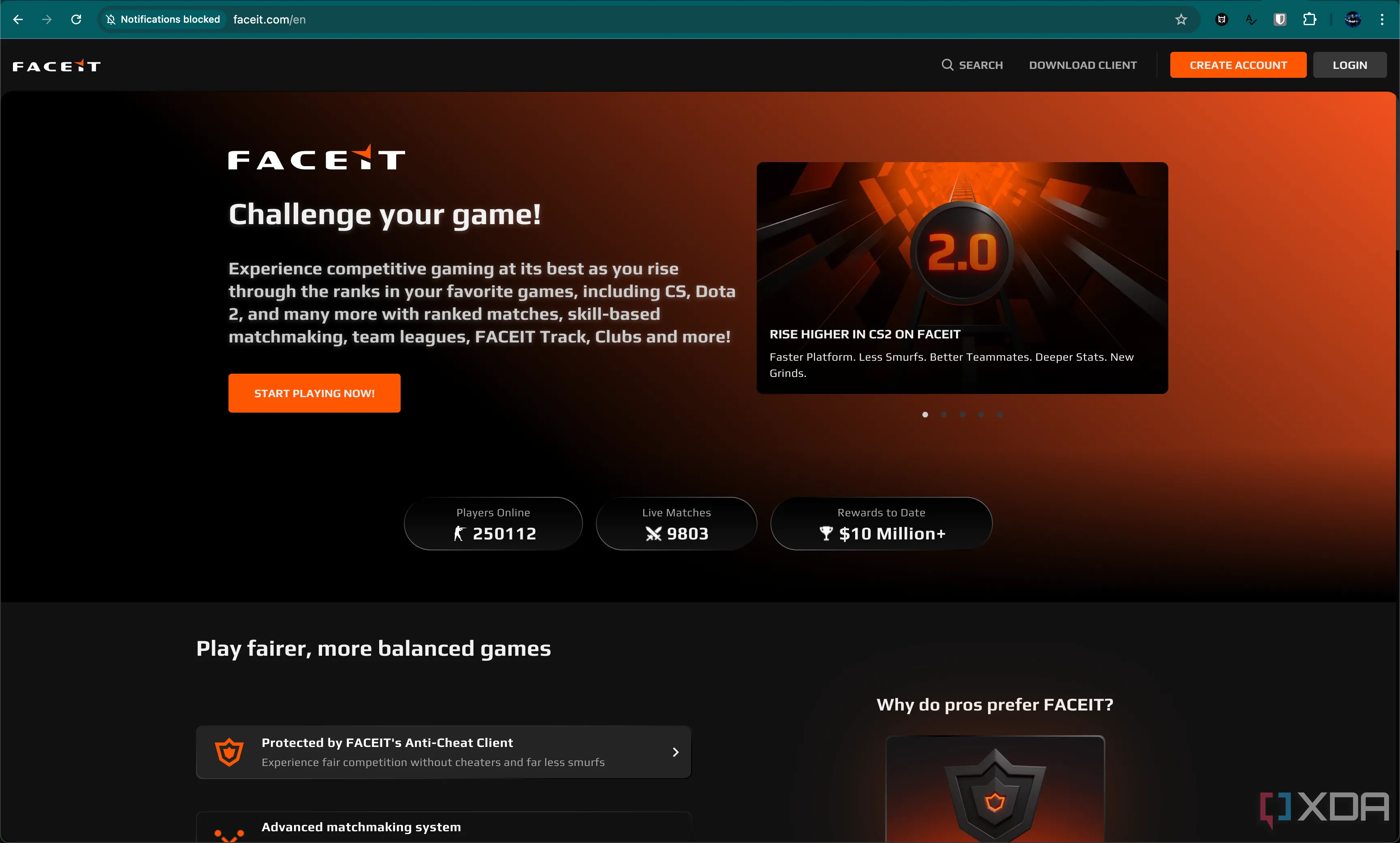 Giao diện trang chủ của Faceit, một nền tảng matchmaking cho game Counter-Strike