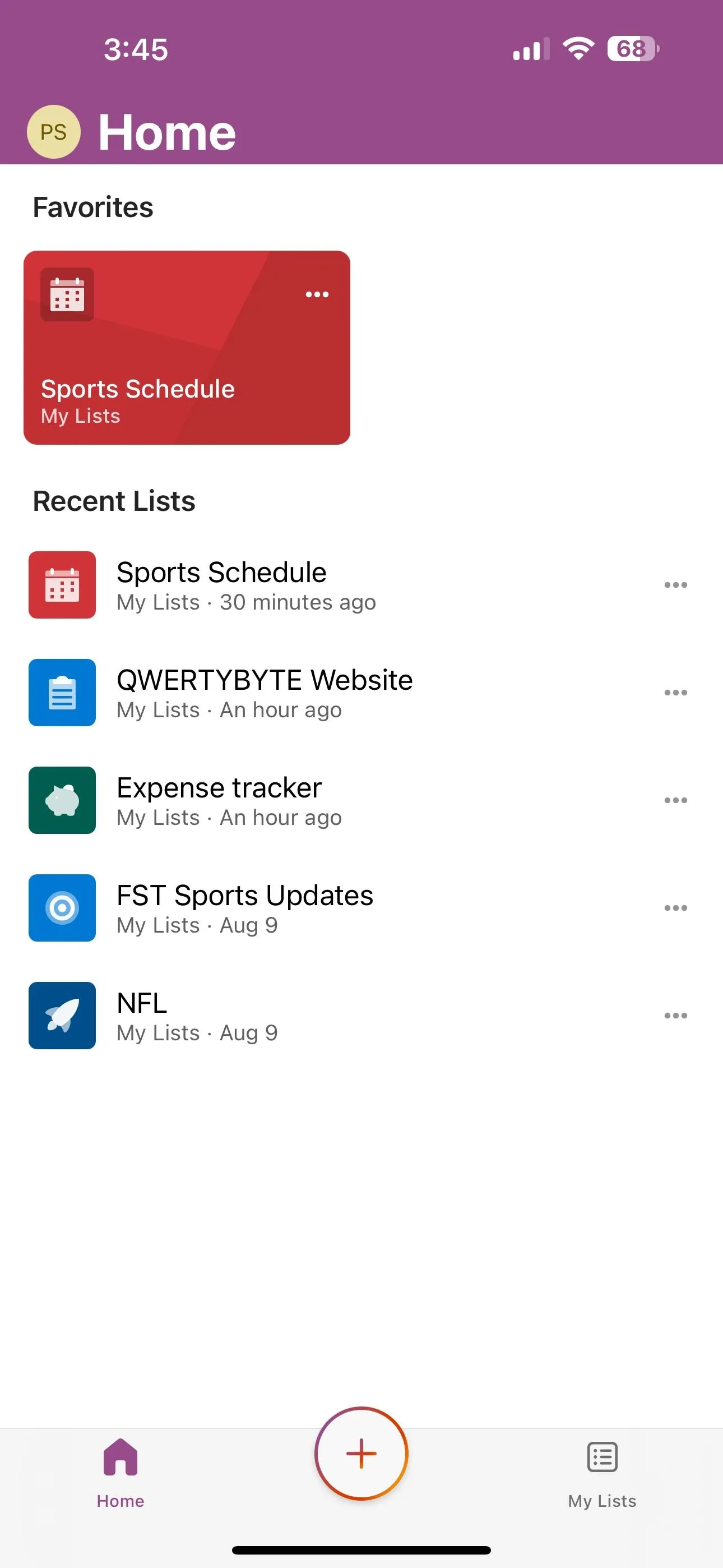 Giao diện trang chủ ứng dụng Microsoft Lists trên iPhone, hiển thị các danh sách đã tạo