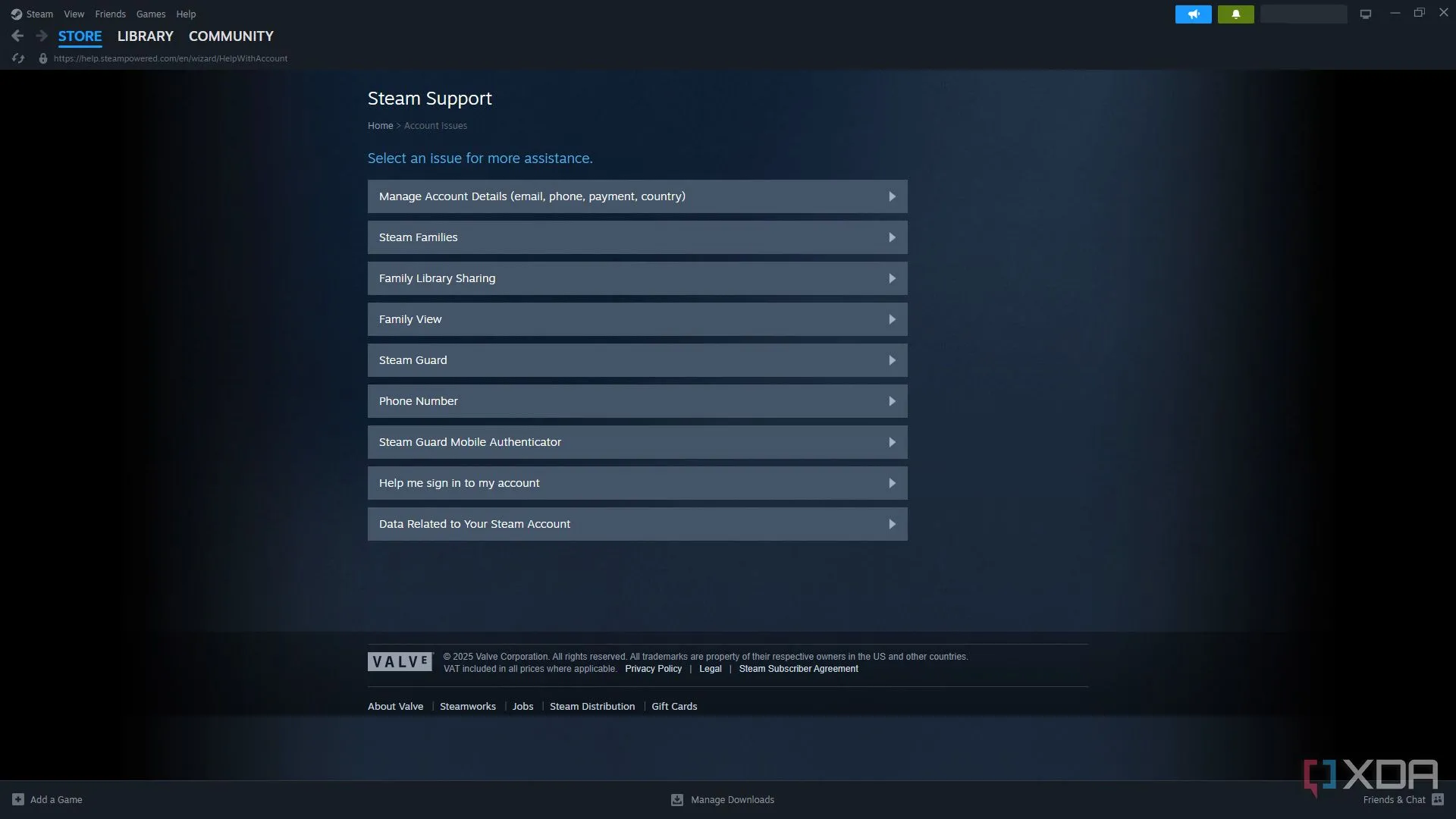 Giao diện trang hỗ trợ của Steam, minh họa các tùy chọn hỗ trợ khách hàng đa dạng