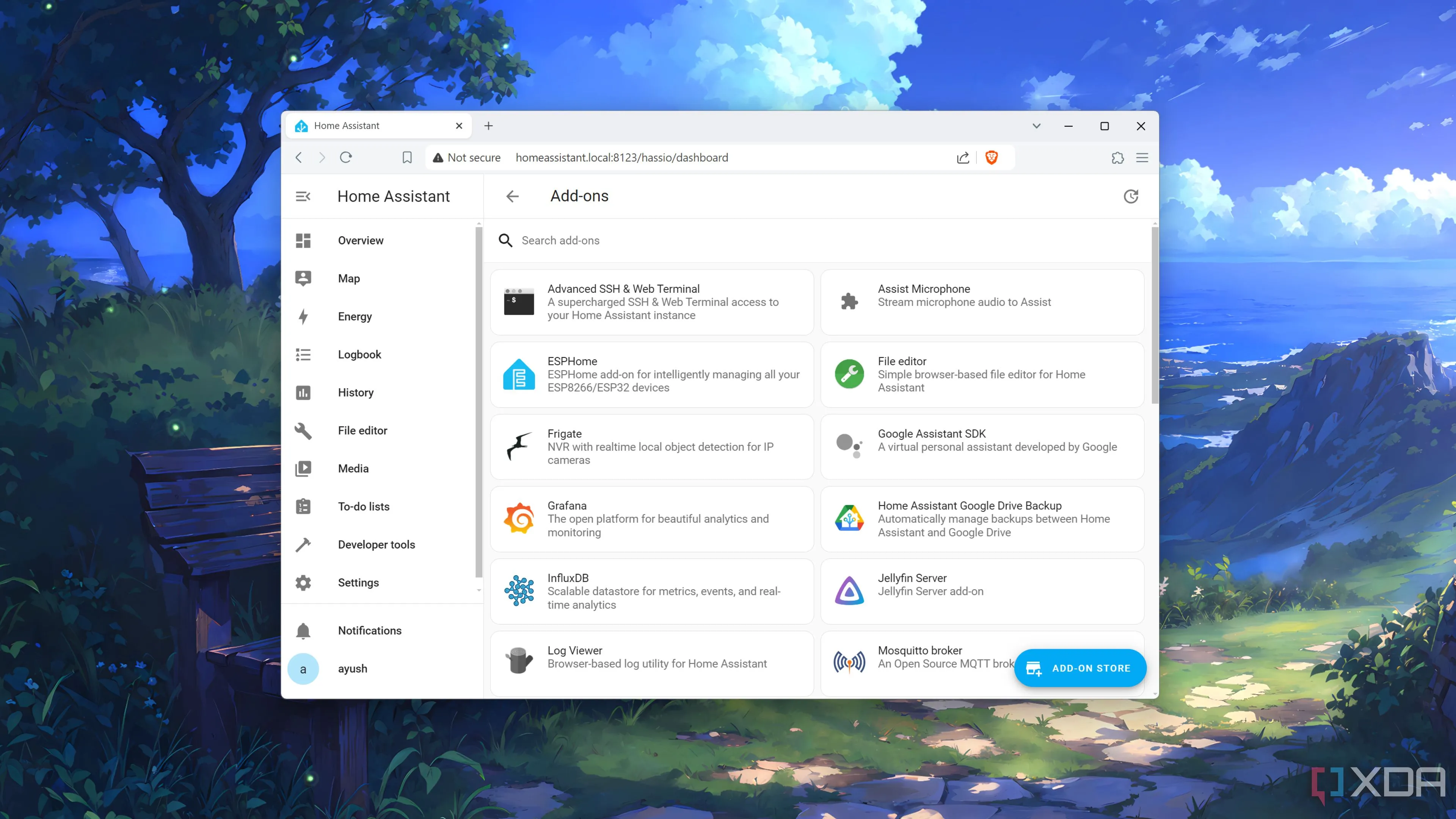 Giao diện trang quản lý tiện ích bổ sung (add-ons) của Home Assistant, minh họa khả năng mở rộng