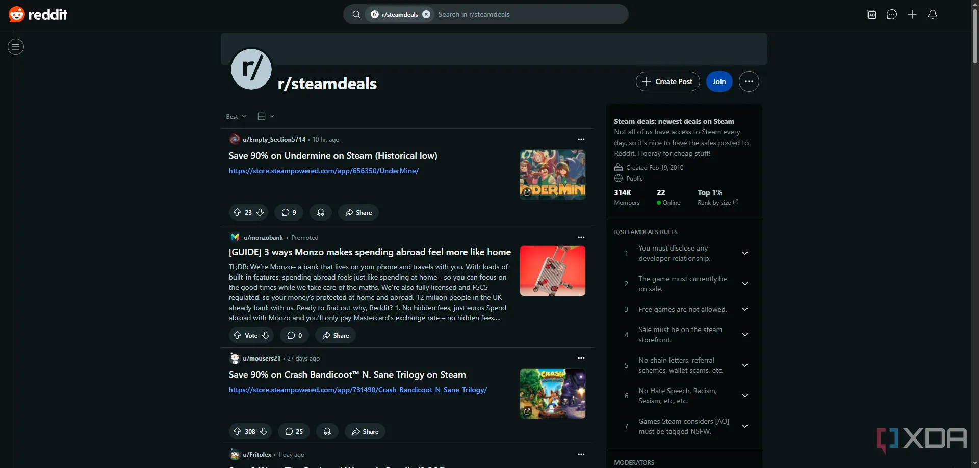 Giao diện trang Steam Deals trên Reddit hiển thị các bài đăng về ưu đãi game Steam