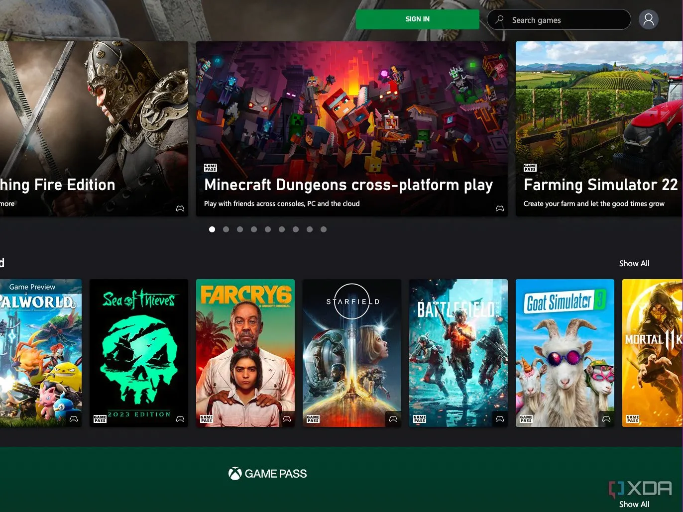 Giao diện trình duyệt của Xbox Game Pass Ultimate, minh họa dịch vụ chơi game theo thuê bao của Microsoft
