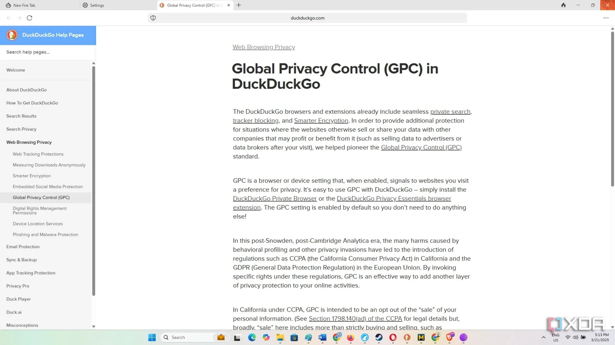 Giao diện trình duyệt DuckDuckGo hiển thị biểu tượng Global Privacy Control (GPC) đang hoạt động, cho biết website đang được thông báo về tùy chọn quyền riêng tư của người dùng.