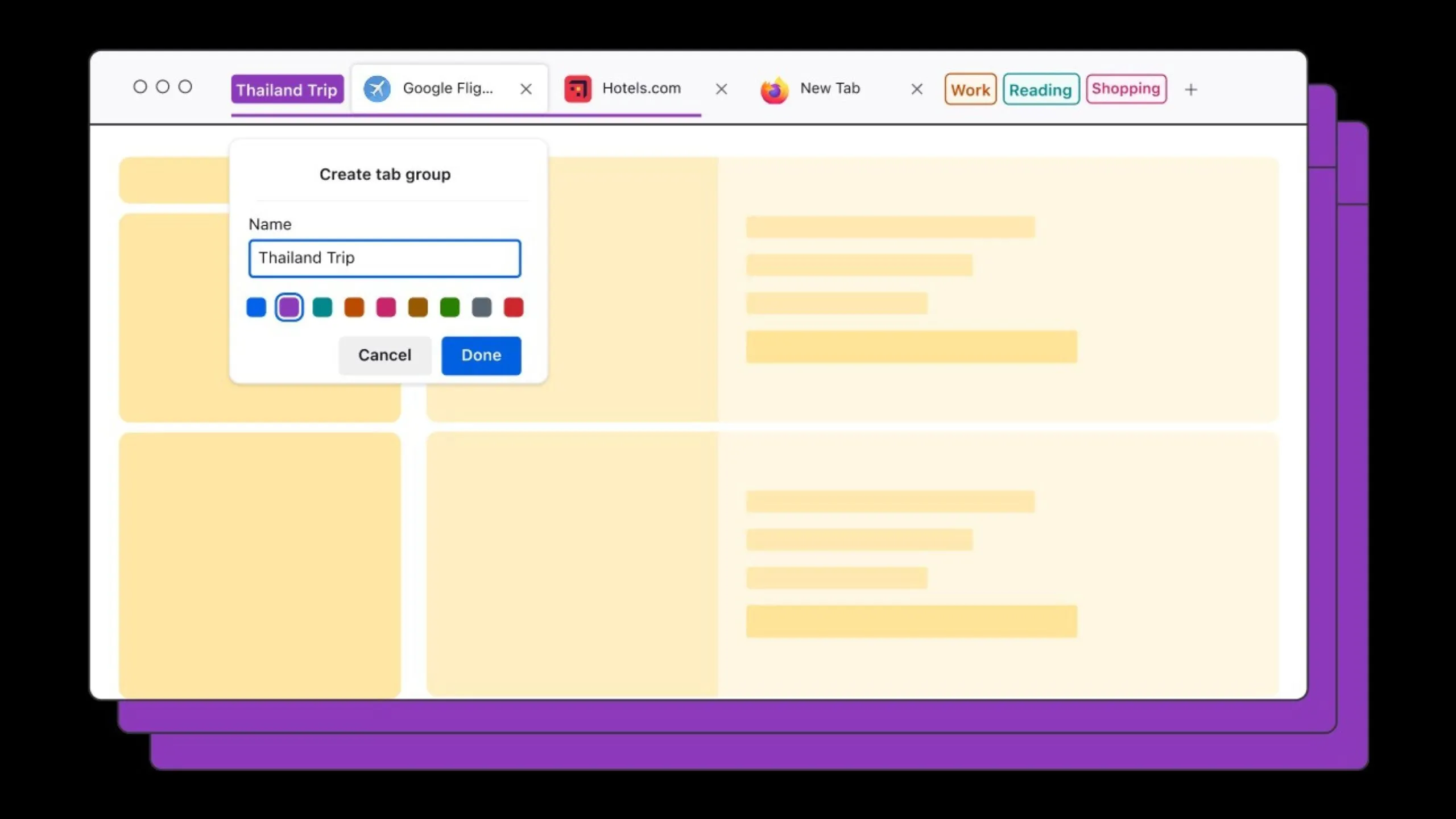 Giao diện trình duyệt Firefox với các tab được nhóm gọn gàng theo tên và màu sắc, minh họa tính năng nhóm tab mới.