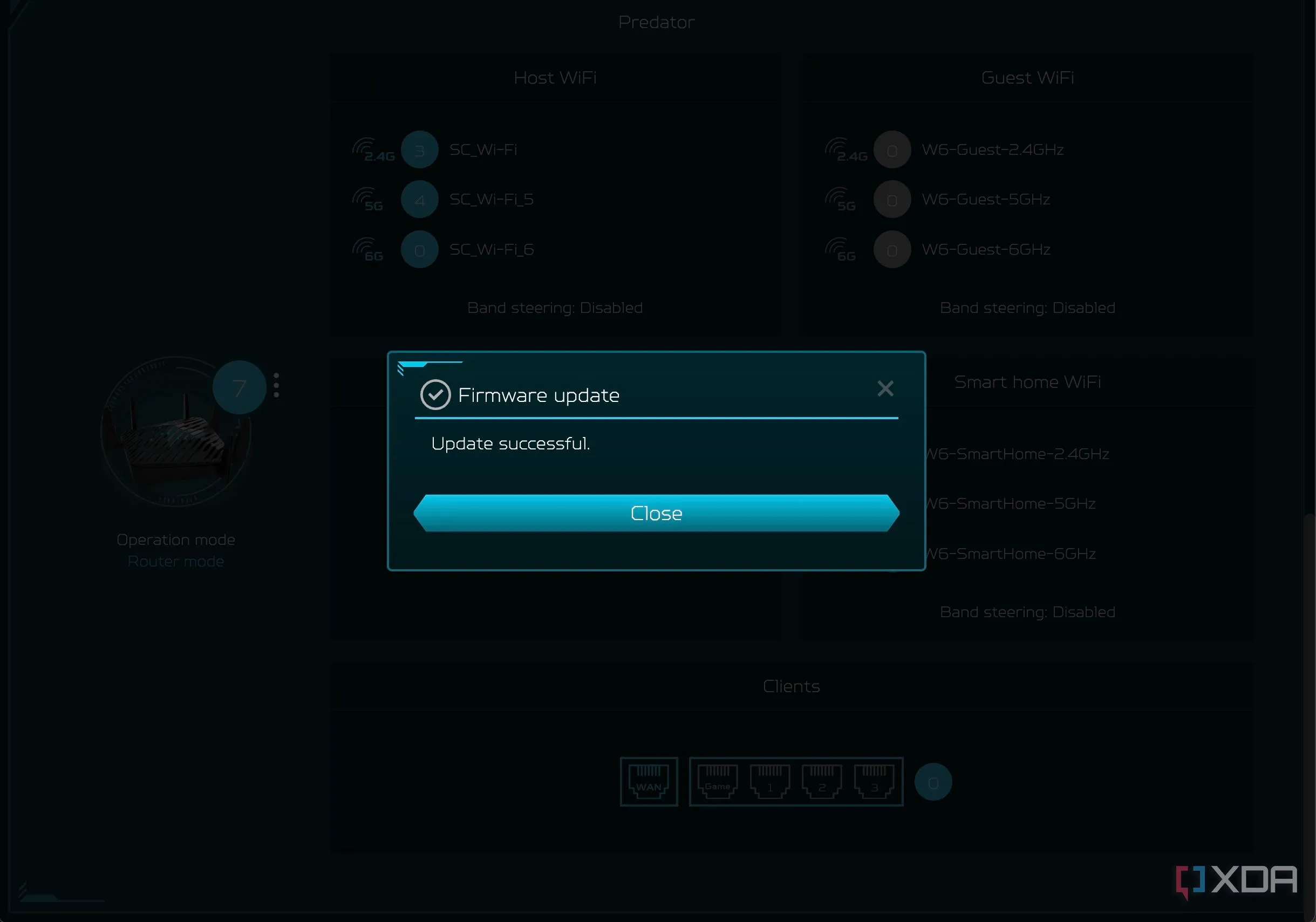 Giao diện trình duyệt web hiển thị quá trình cập nhật firmware hoàn tất cho router Acer Predator Connect W6, nhấn mạnh tầm quan trọng của việc cập nhật bảo mật định kỳ.