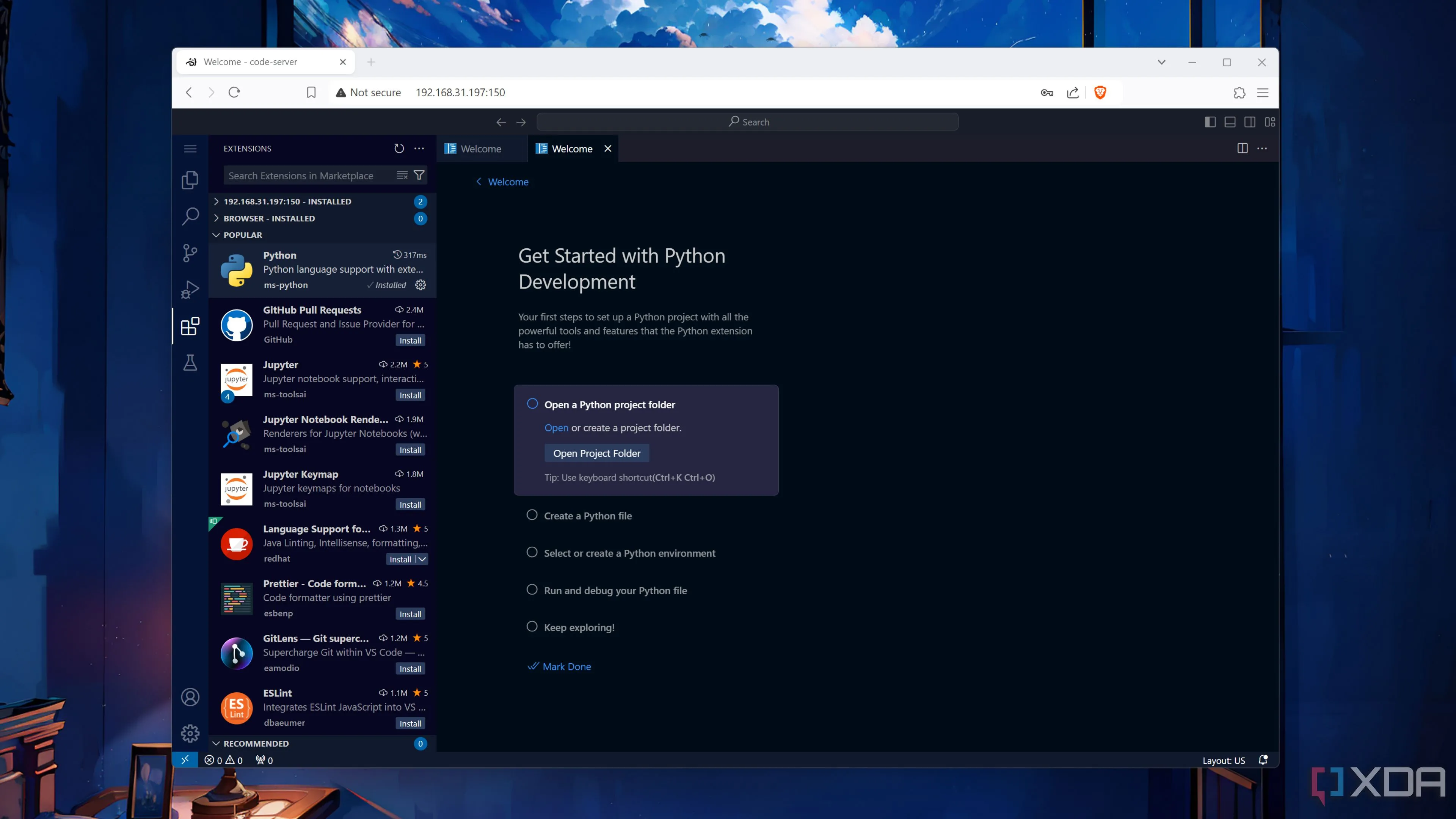 Giao diện trình soạn thảo Code-server chạy trên trình duyệt web, hiển thị môi trường phát triển VS Code.