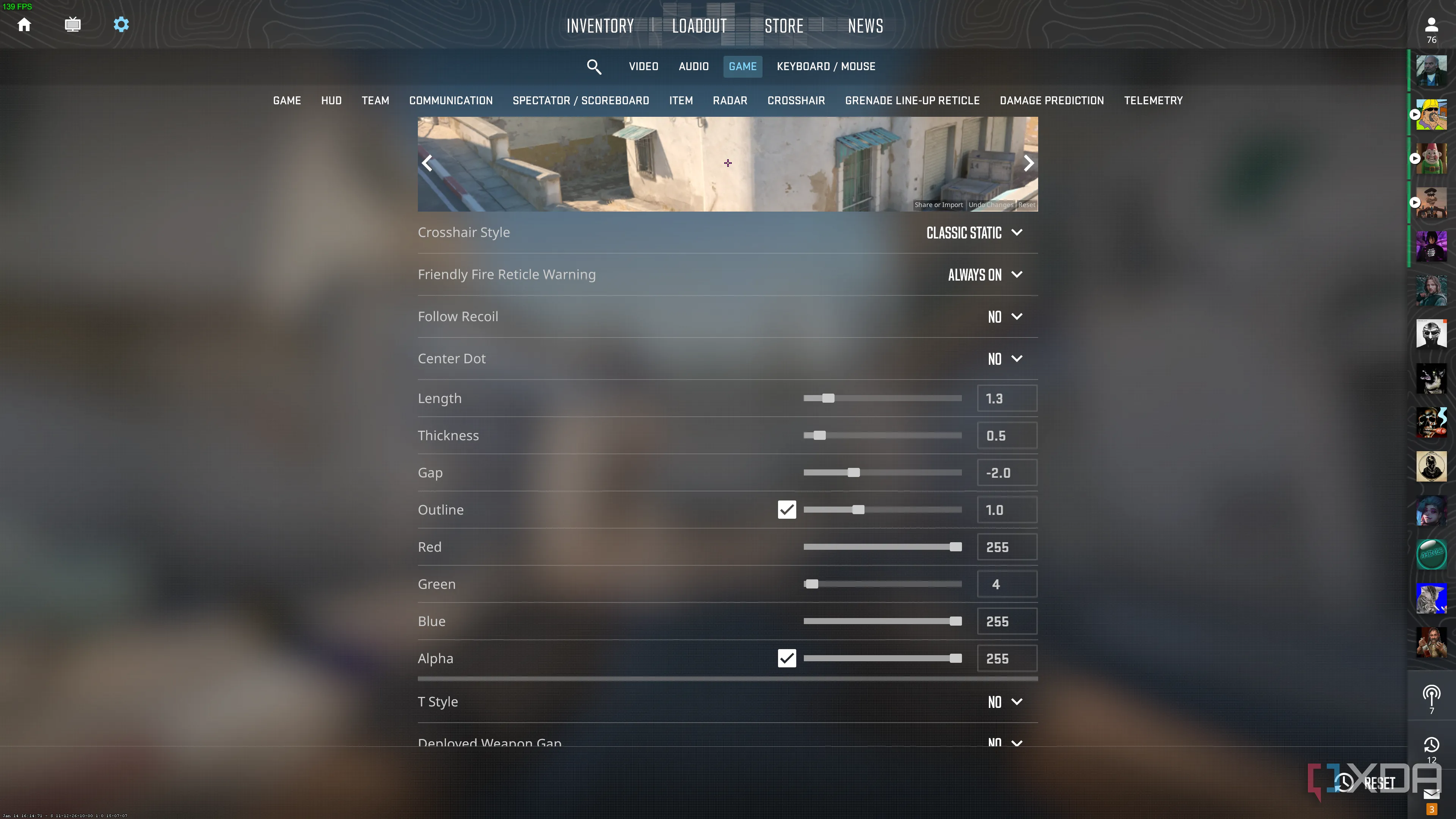 Giao diện trò chơi Counter-Strike 2 với tâm ngắm tùy chỉnh