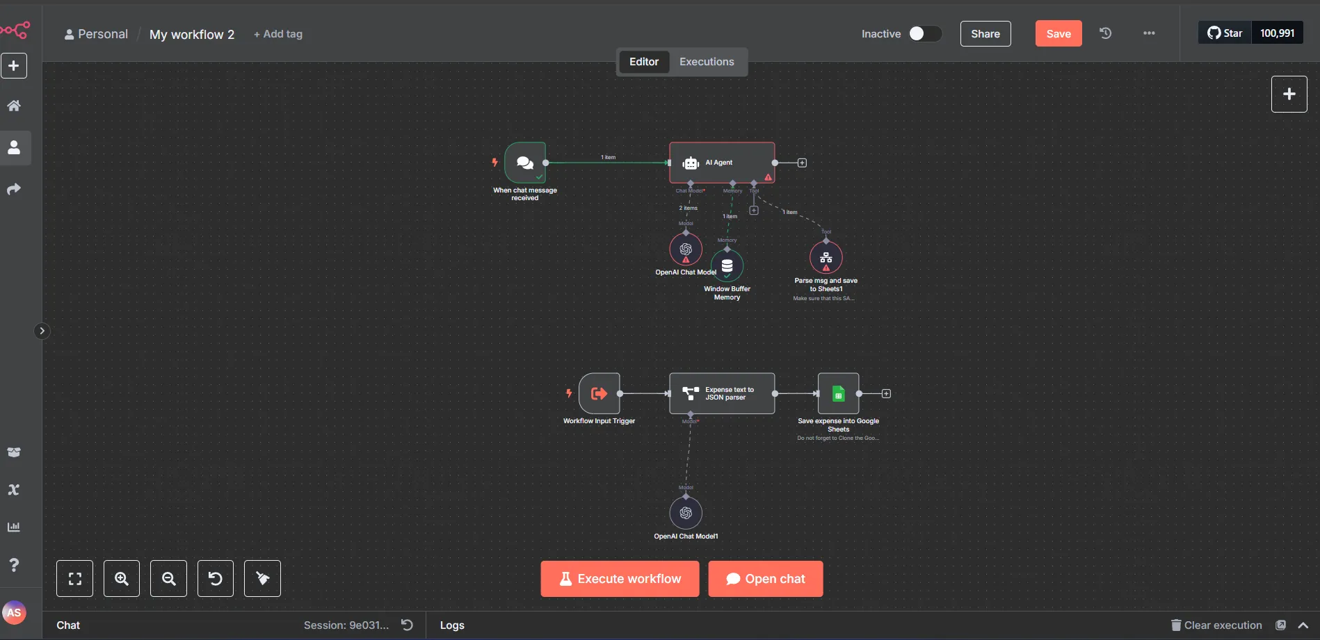 Giao diện trực quan của workflow n8n được thiết lập để tự động hóa việc theo dõi chi tiêu cá nhân