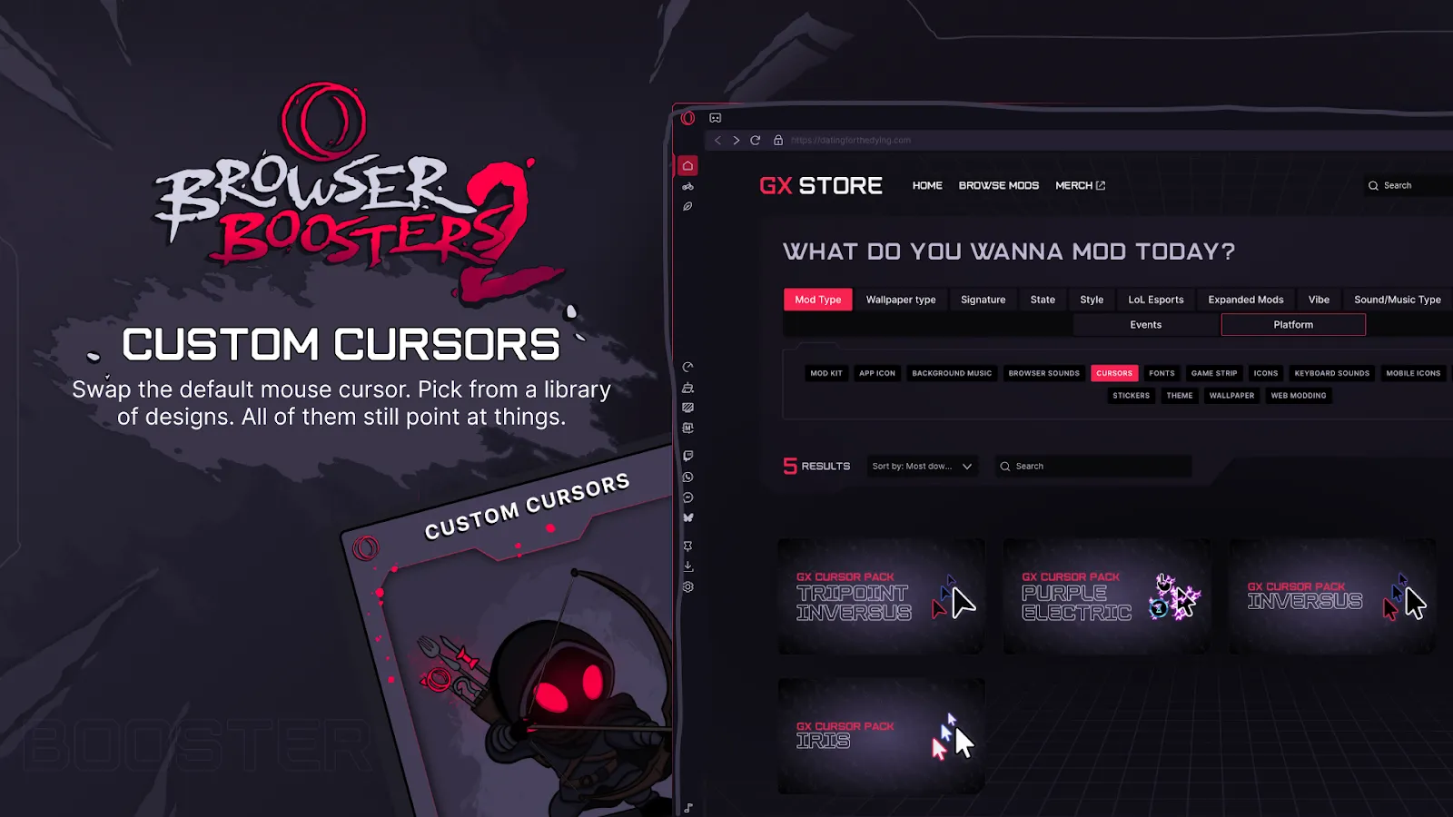 Giao diện tùy chỉnh con trỏ chuột trong Opera GX với các gói hình ảnh động và tĩnh đa dạng