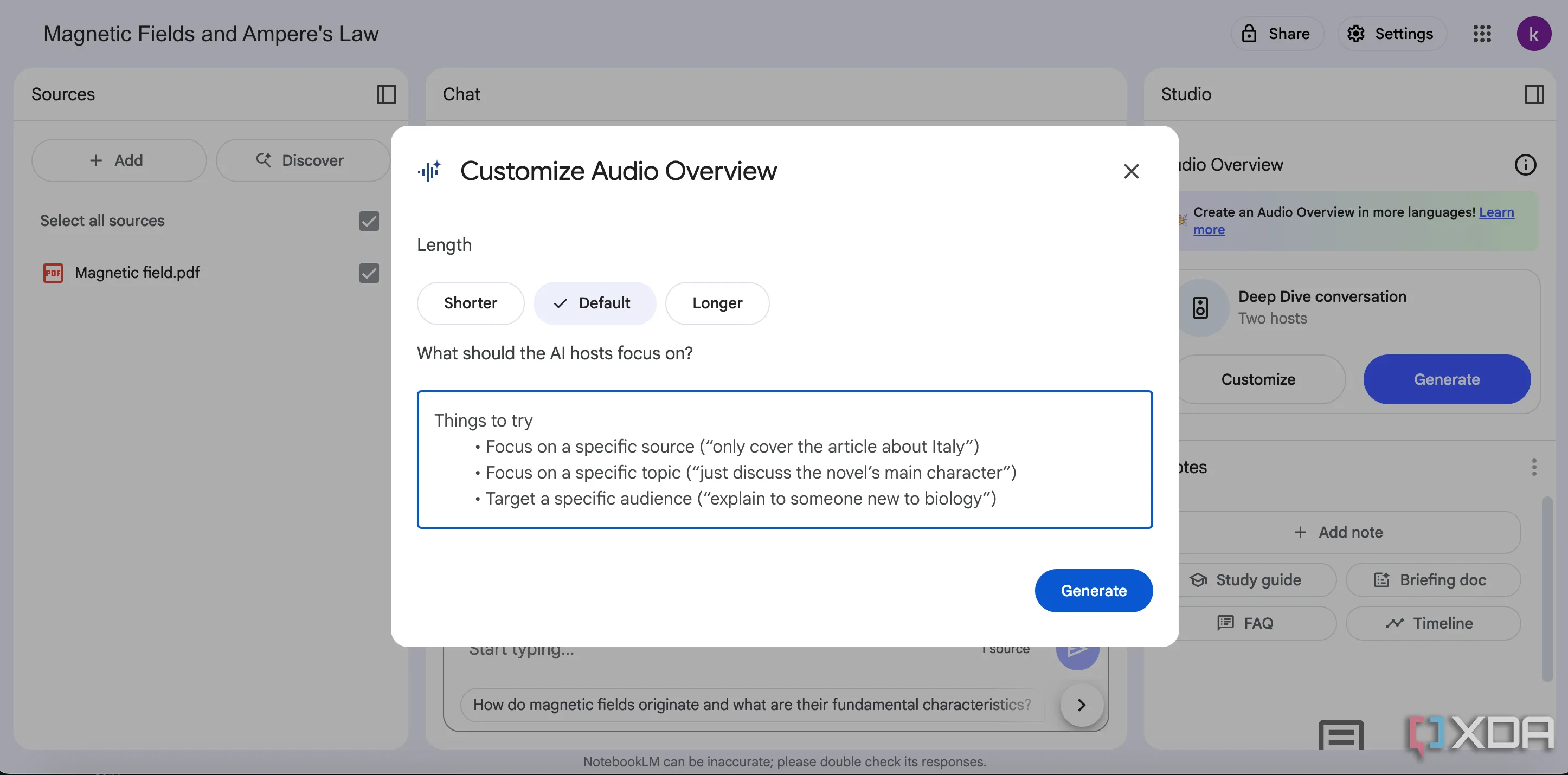 Giao diện tùy chỉnh độ dài Audio Overview trong Google NotebookLM