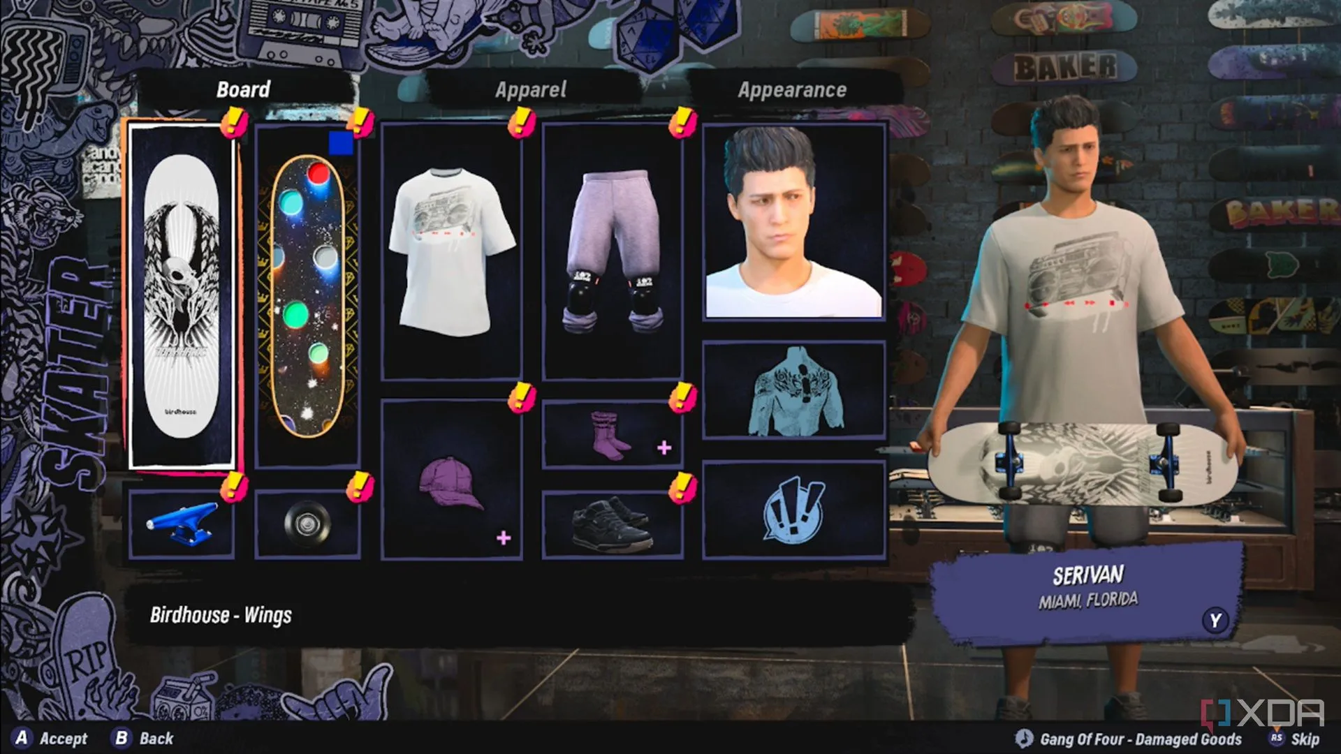 Giao diện tùy chỉnh nhân vật Create-A-Skater với các lựa chọn trang phục trong Tony Hawk's Pro Skater 3+4.