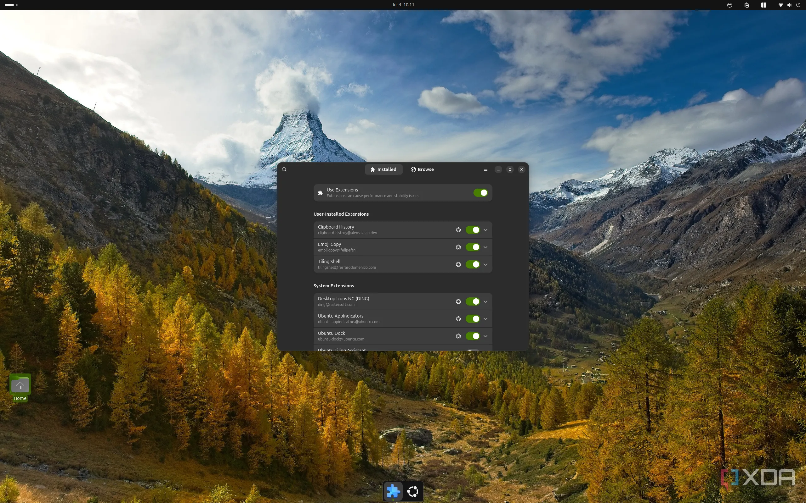 Giao diện Ubuntu với ứng dụng GNOME Extension Manager, công cụ quản lý tiện ích mở rộng