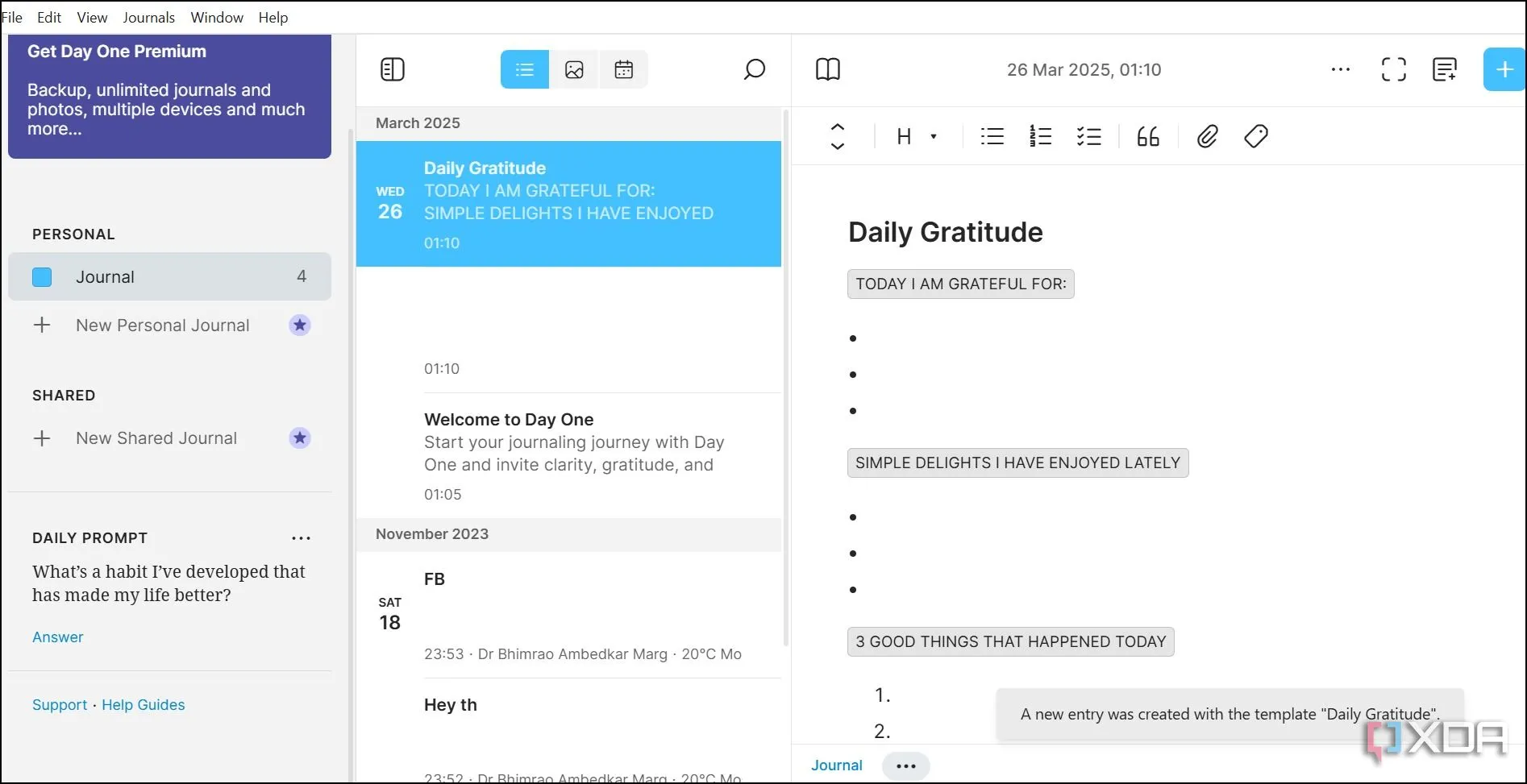 Giao diện ứng dụng Day One trên Windows với thiết kế tối giản, tập trung vào trải nghiệm viết nhật ký