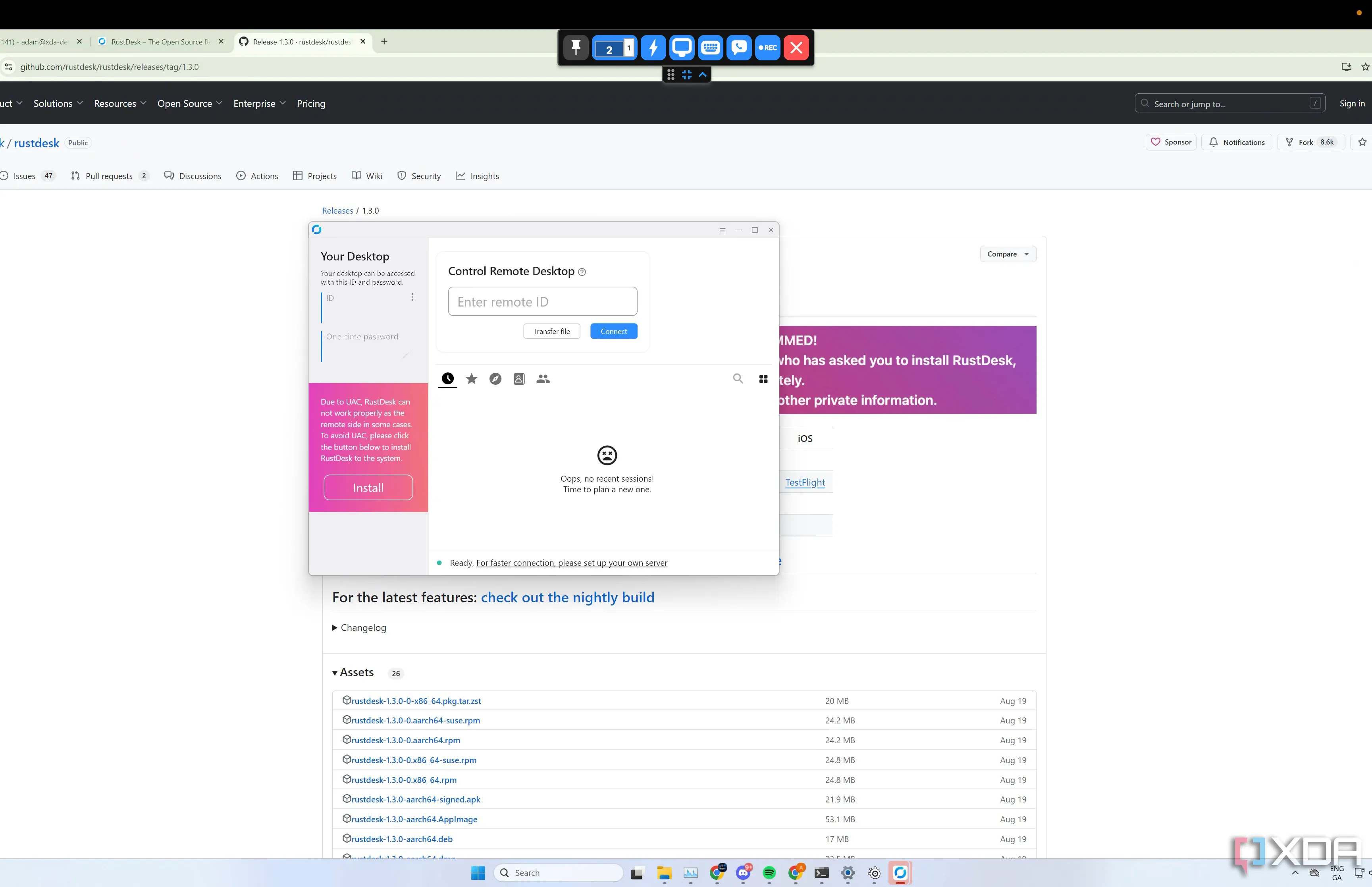 Giao diện ứng dụng RustDesk hoạt động trên hệ điều hành Windows