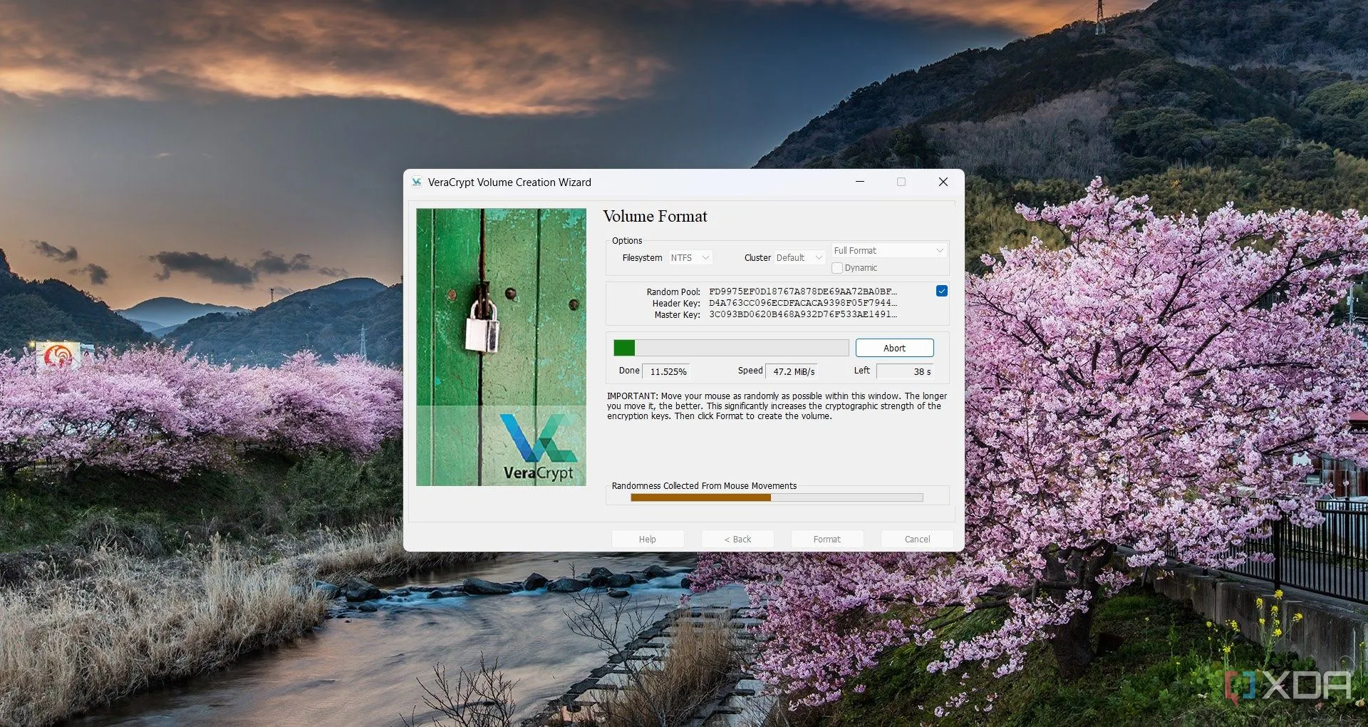 Giao diện VeraCrypt khi tạo và định dạng ổ đĩa mã hóa mới