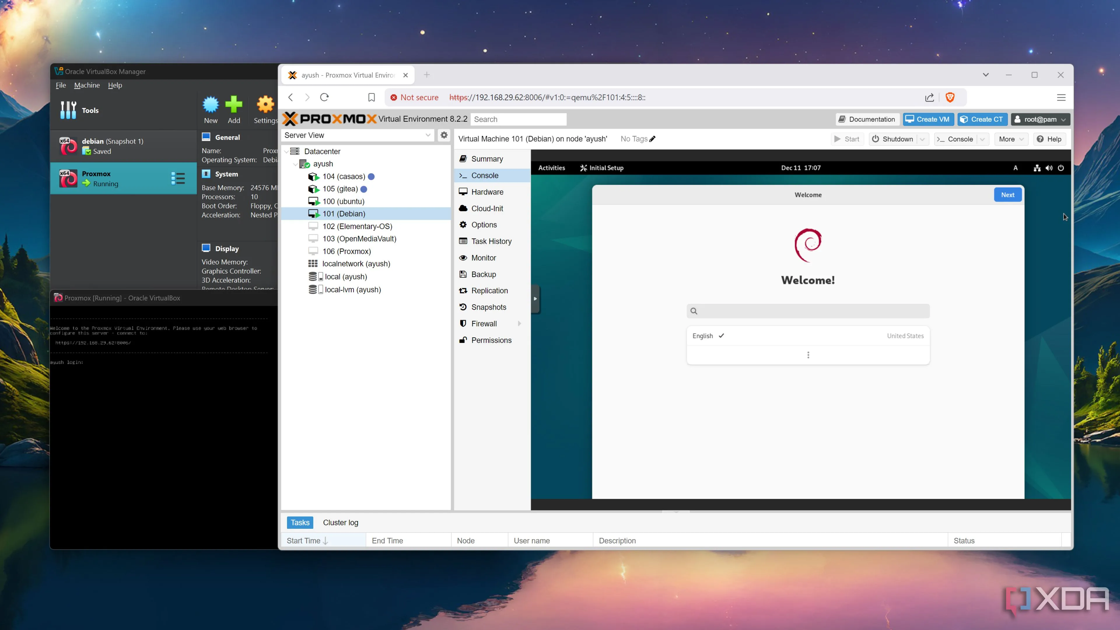 Giao diện VirtualBox với một máy ảo Proxmox đang chạy máy ảo Debian bên trong, minh họa cấu trúc ảo hóa lồng