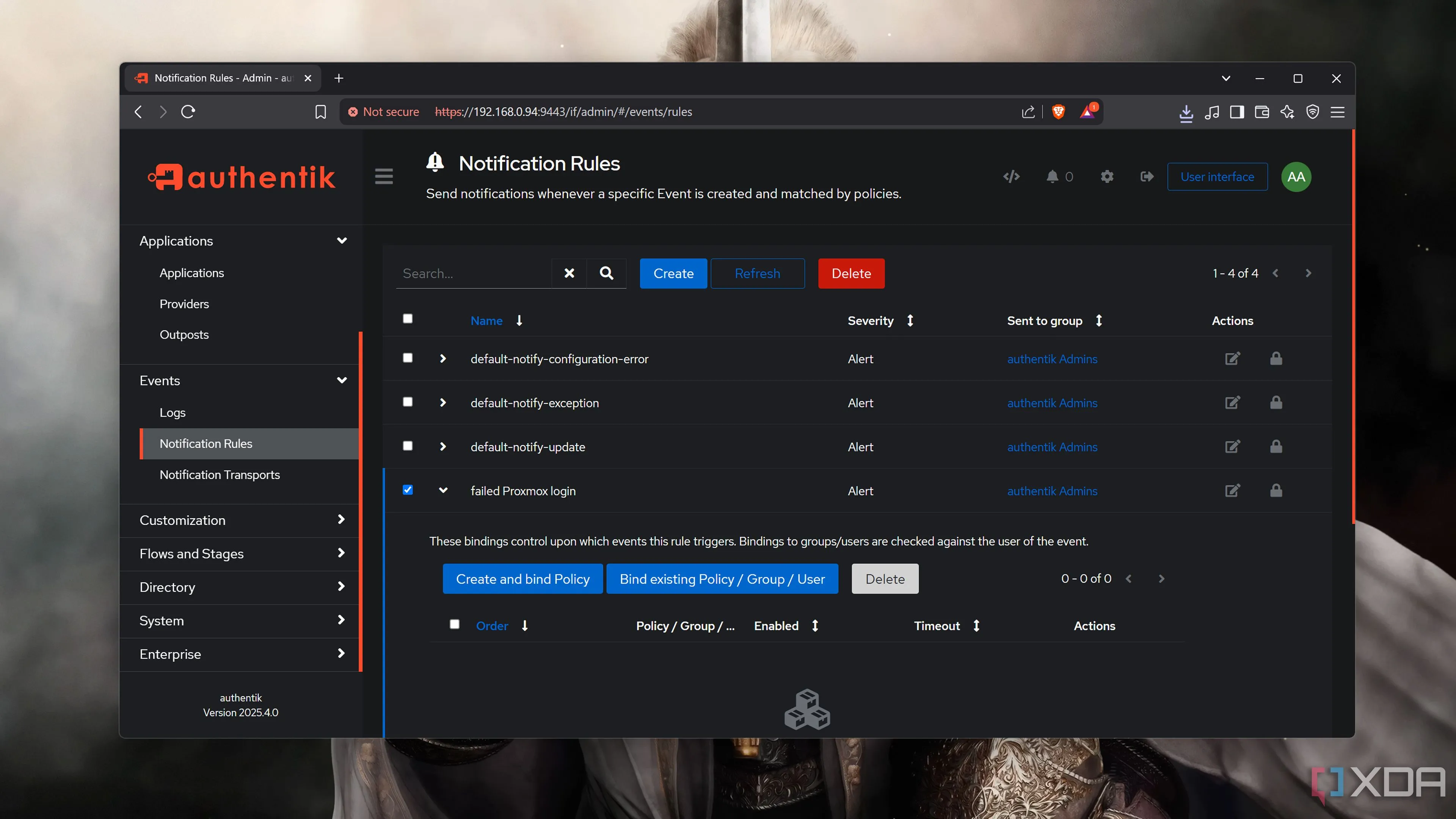 Giao diện web của Authentik hiển thị tab quy tắc thông báo, ví dụ về phần mềm SSO được thử nghiệm trong môi trường ảo hóa lồng nhau