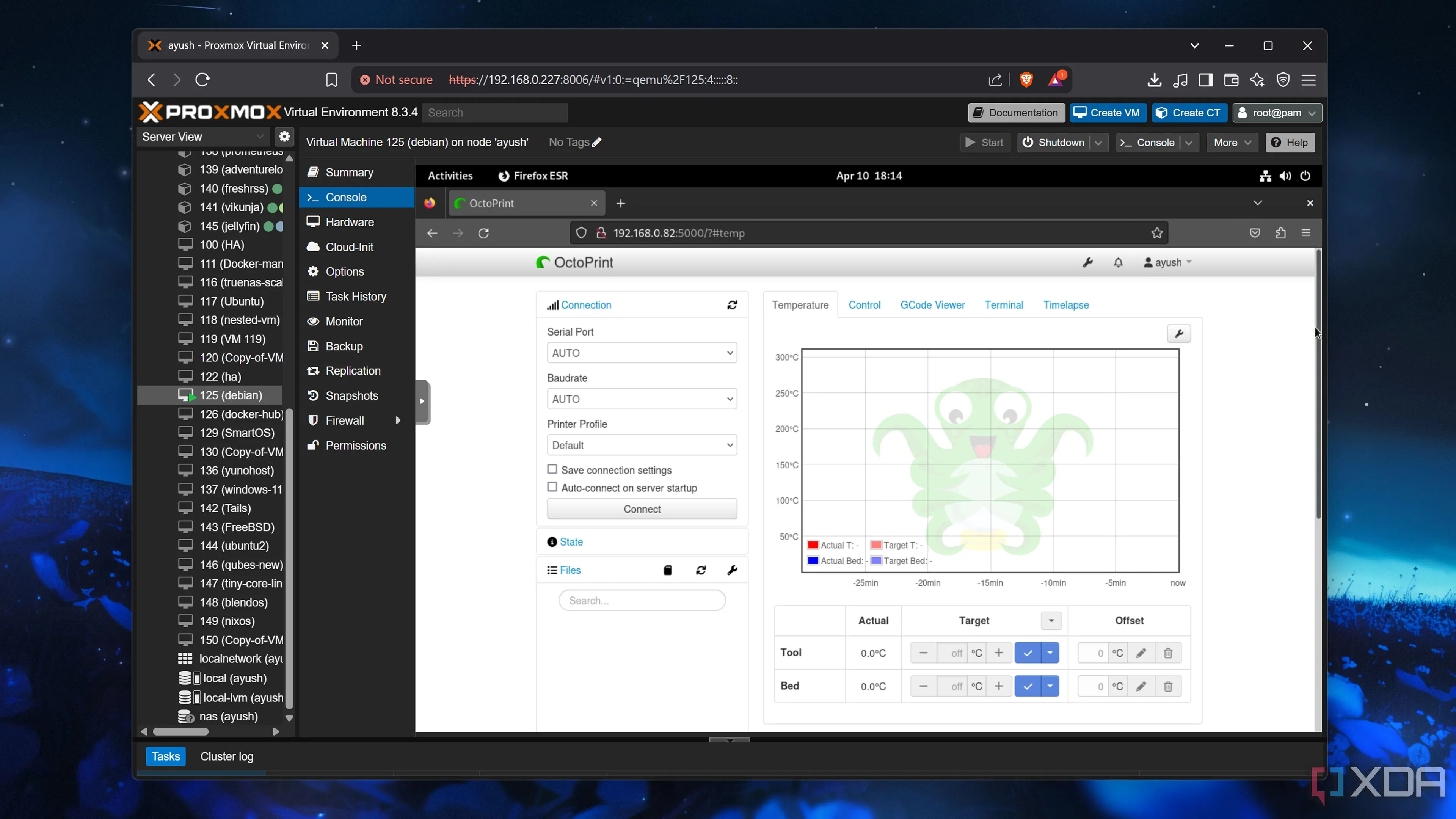 Giao diện web OctoPrint điều khiển máy in 3D trên máy chủ Proxmox