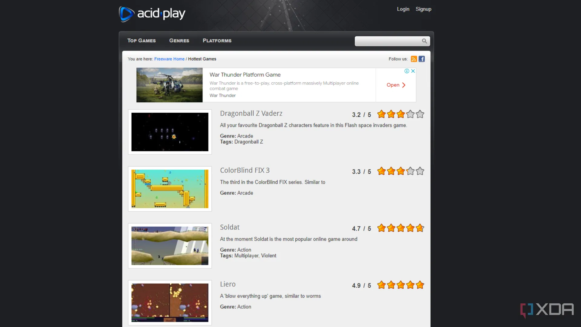 Giao diện website Acid Play với các tựa game miễn phí