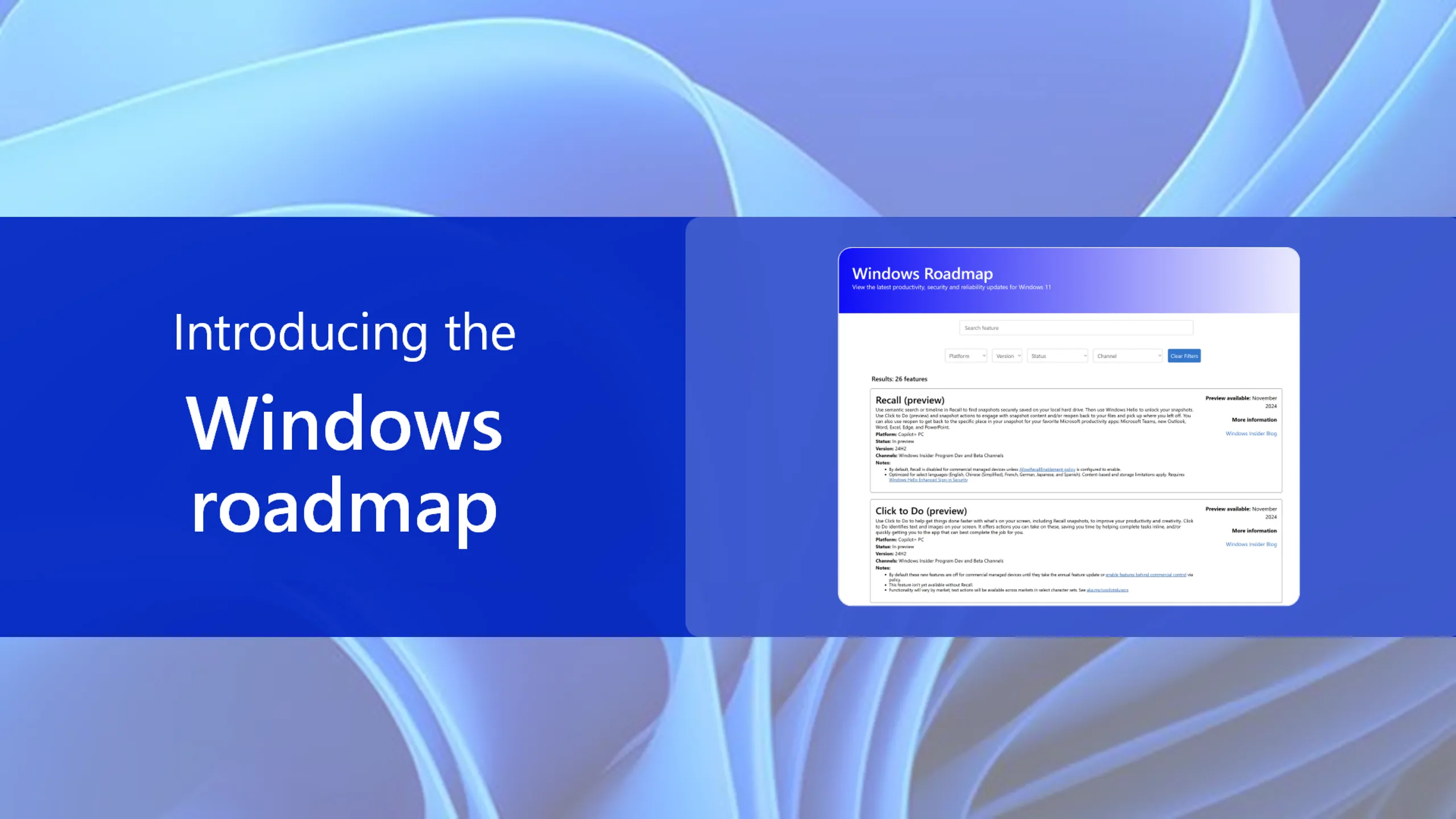 Giao diện website Windows 11 Roadmap của Microsoft hiển thị các tính năng sắp ra mắt.