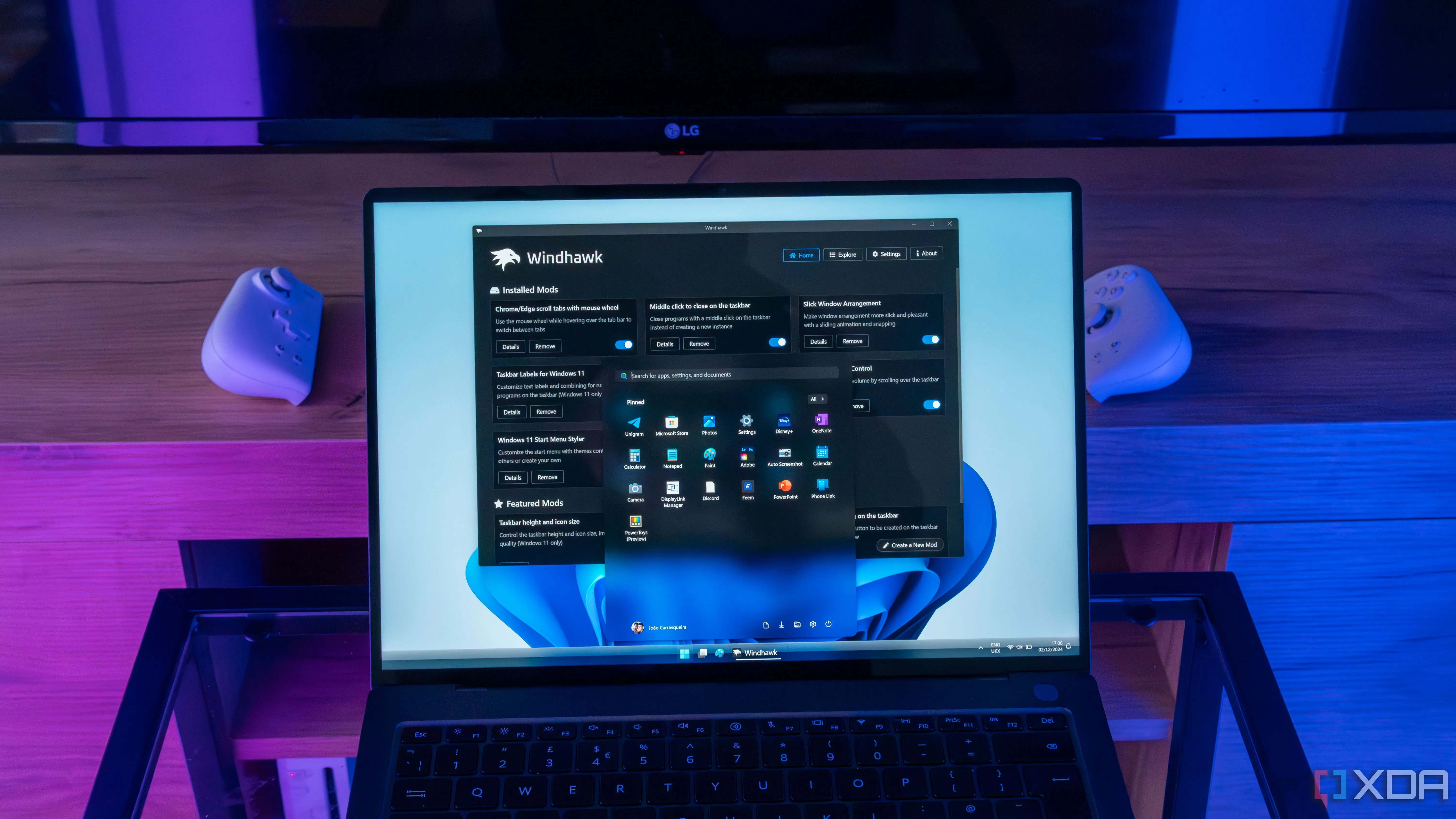 Giao diện Windows 11 được tùy chỉnh bởi Windhawk, thể hiện khả năng cá nhân hóa Start Menu và thanh tác vụ.