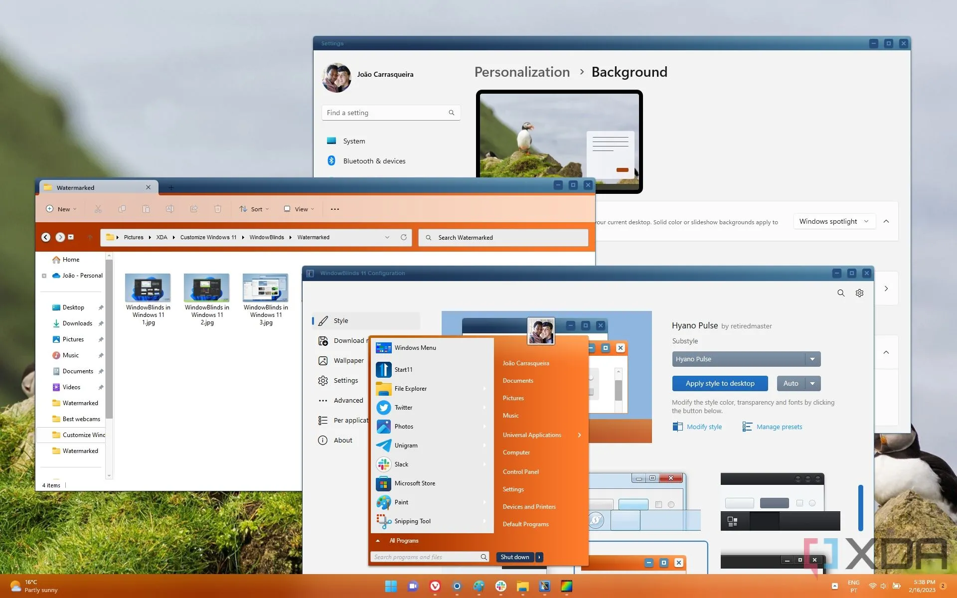 Giao diện Windows 11 được tùy chỉnh với menu Start, hình nền và các ứng dụng khác nhau, minh họa khả năng cá nhân hóa
