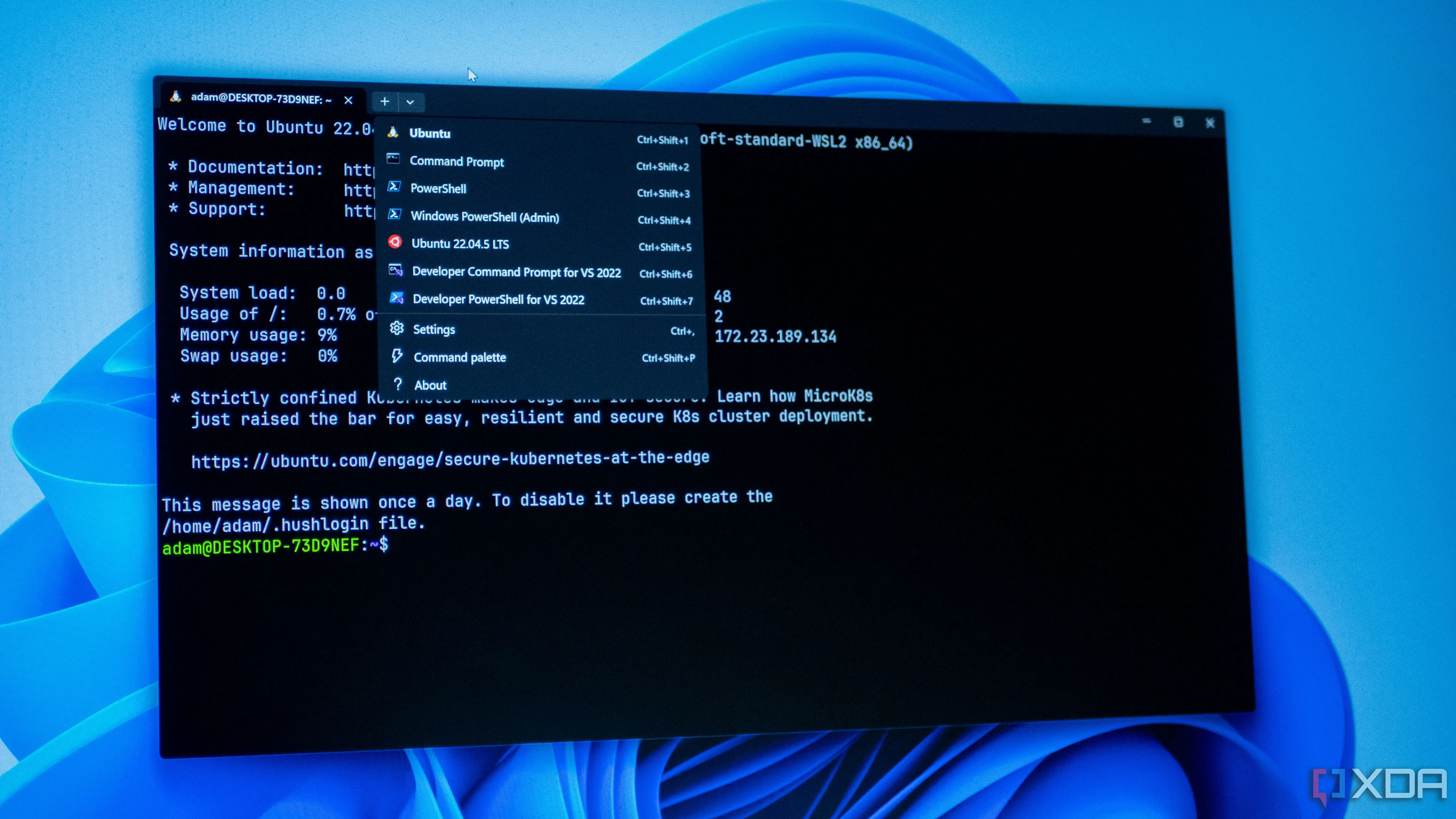Giao diện Windows Terminal hiển thị nhiều profile, minh họa khả năng tương tác của WSL