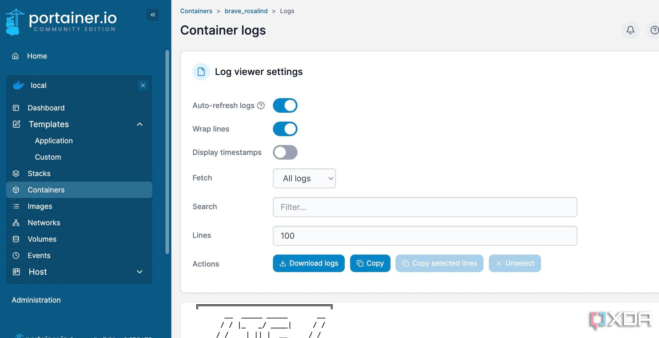 Giao diện xem log của container trong Portainer, hiển thị các sự kiện hoạt động