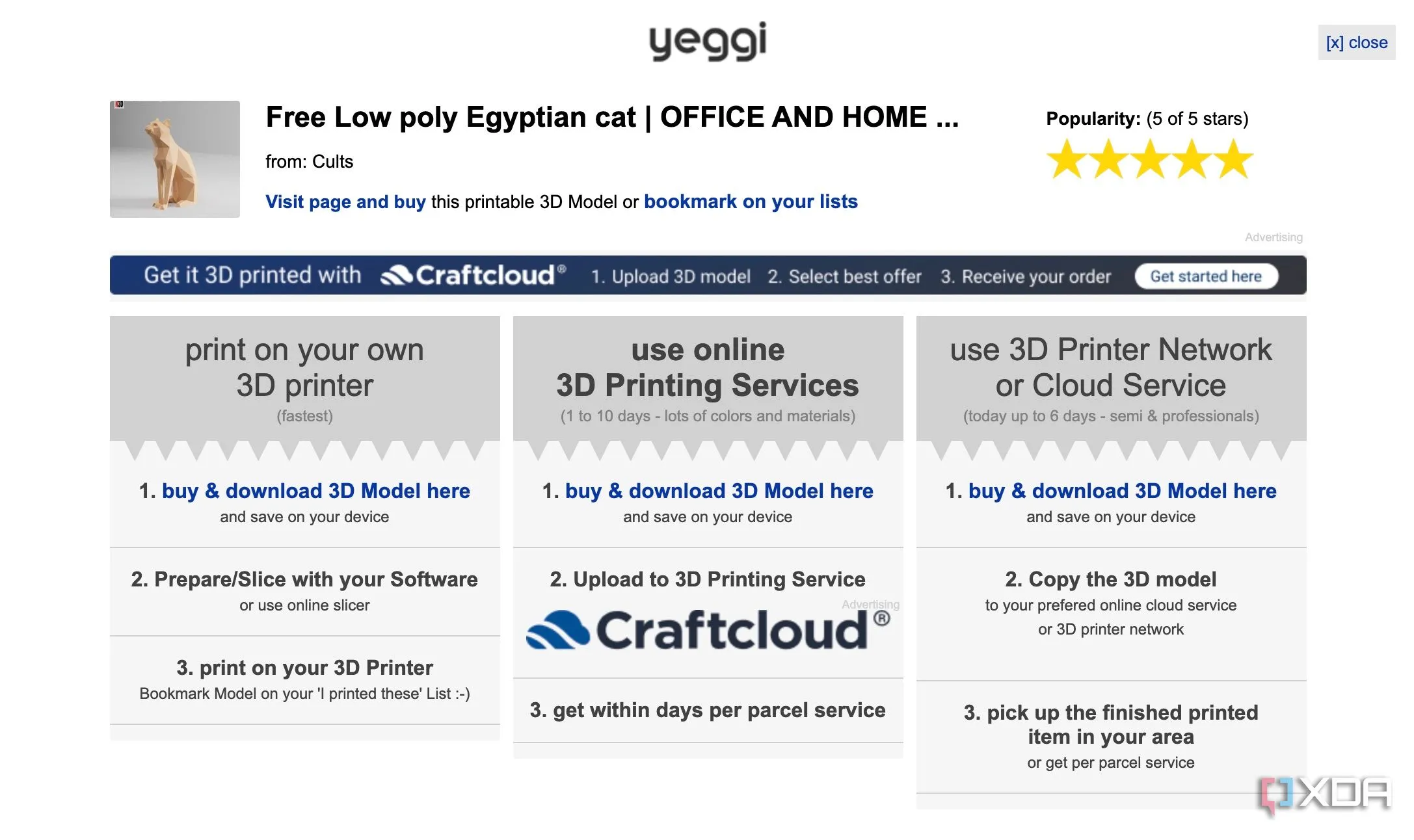 Giao diện Yeggi cung cấp tùy chọn đặt in 3D bên ngoài
