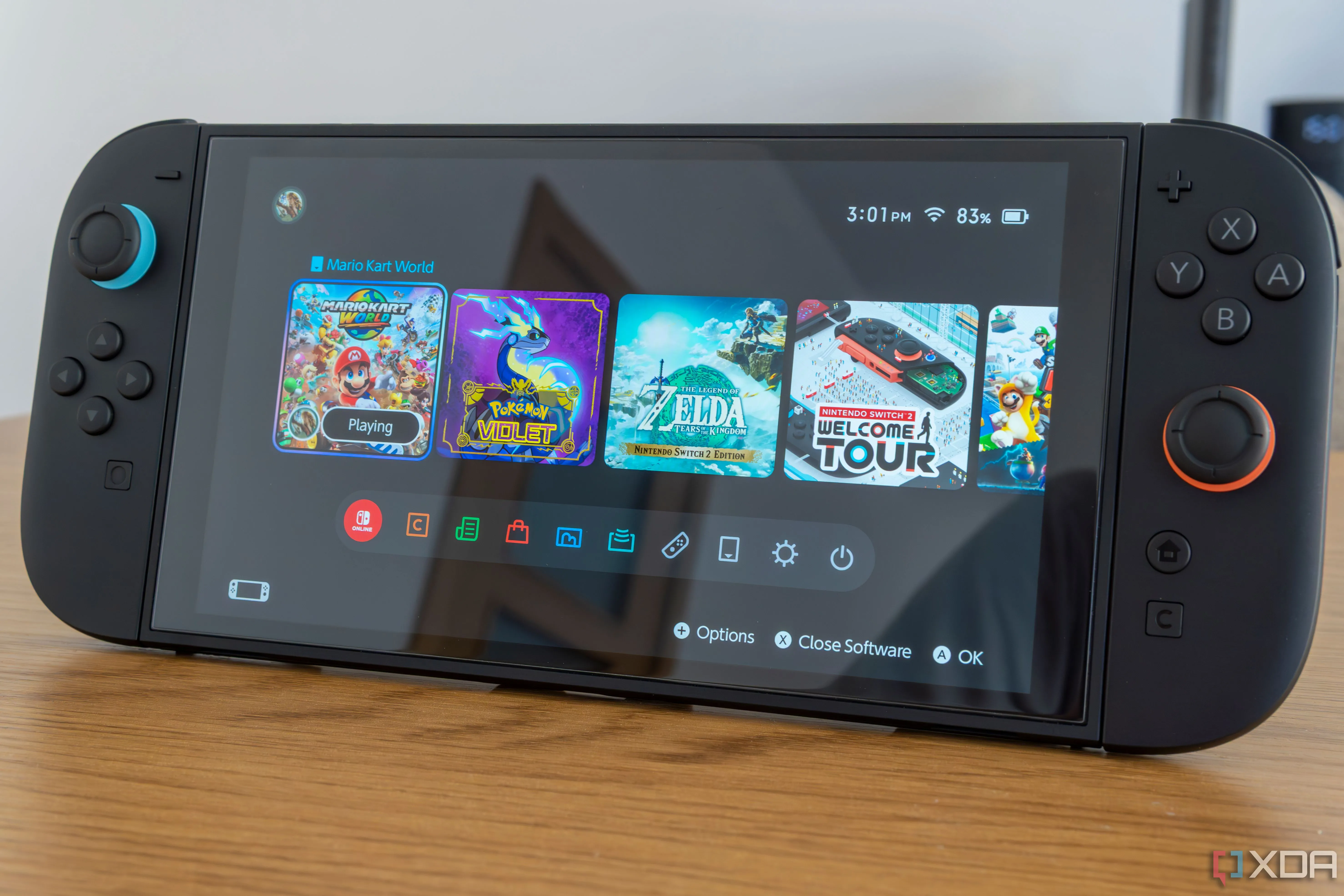 Góc cận cảnh màn hình chính của Nintendo Switch 2, cho thấy giao diện người dùng và khả năng hiển thị cải thiện, ảnh hưởng đến các quy tắc speedrun.