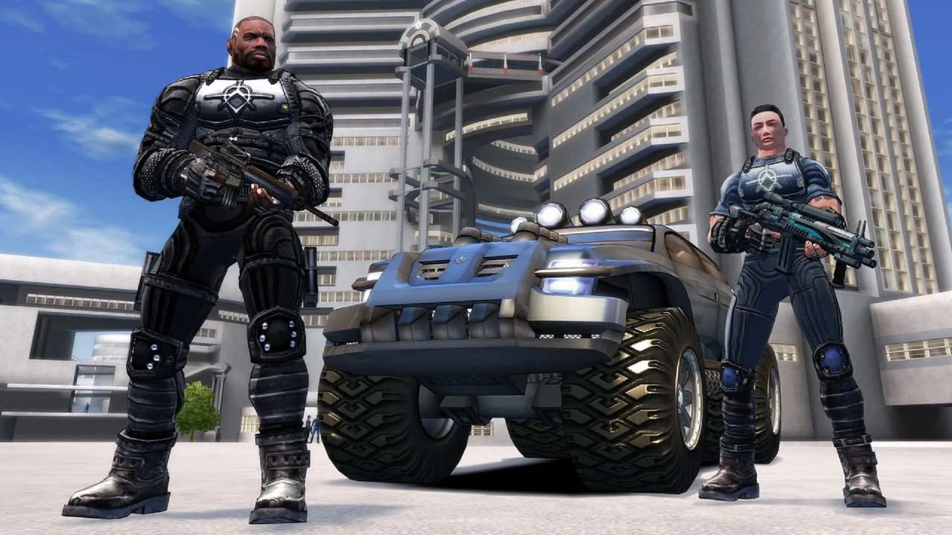 Hai đặc vụ Crackdown trên xe tải trong thế giới mở của game