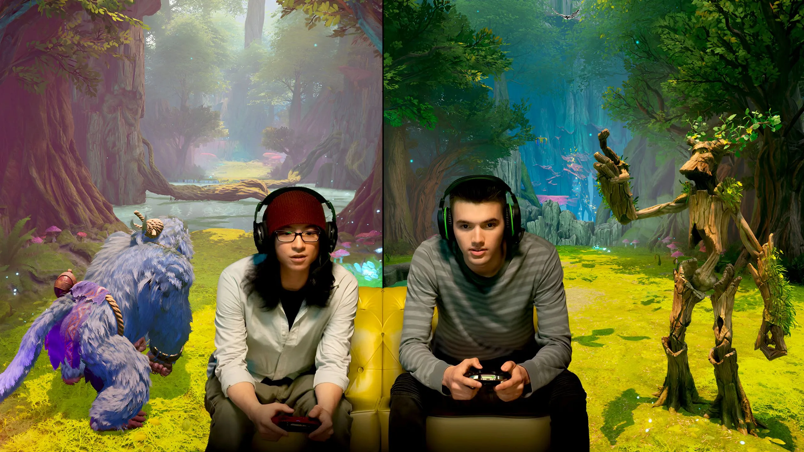 Hai người chơi game co-op trên sofa với game Split Fiction, biểu tượng sự trở lại của game đồng đội tại nhà.