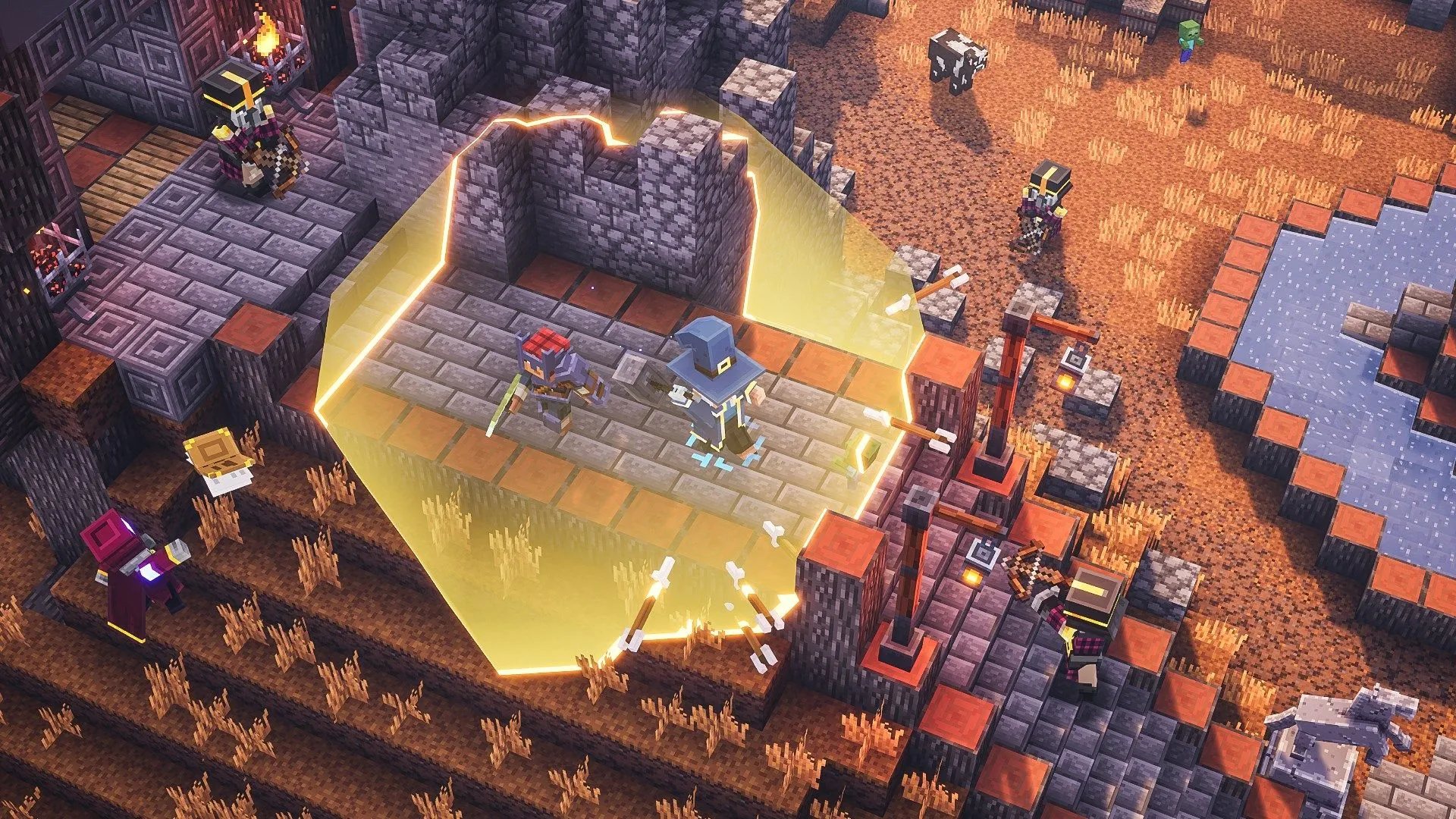 Hai người chơi phiêu lưu trong hầm ngục lâu đài của Minecraft Dungeons 2