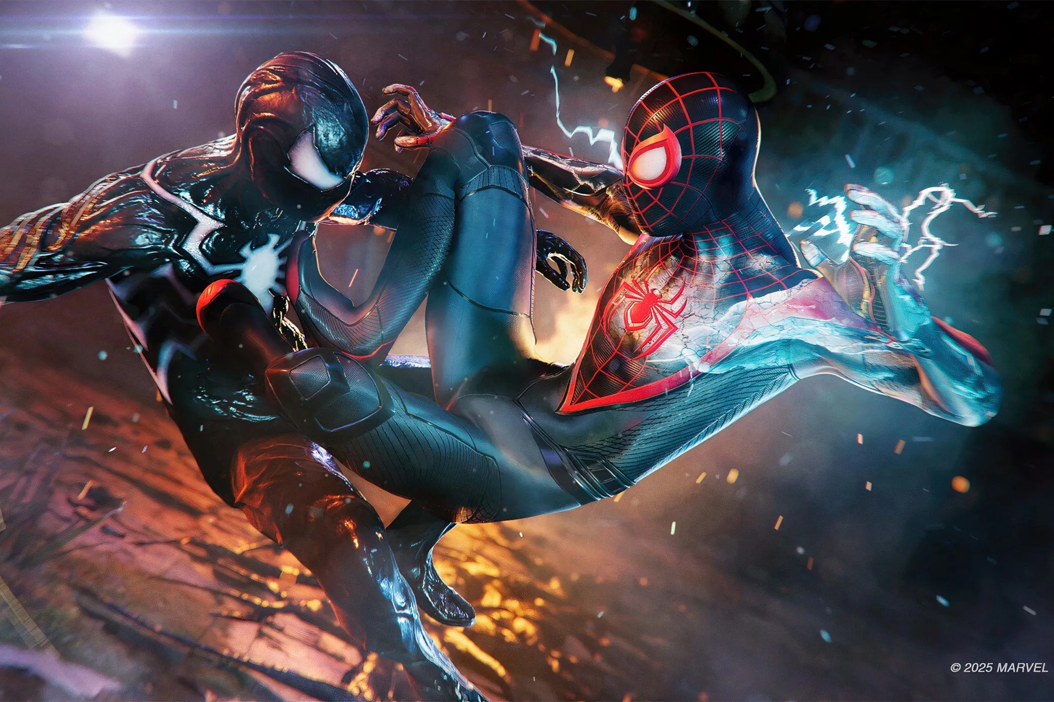 Hai Người Nhện Peter Parker và Miles Morales chiến đấu trong một cảnh từ Marvel's Spider-Man 2