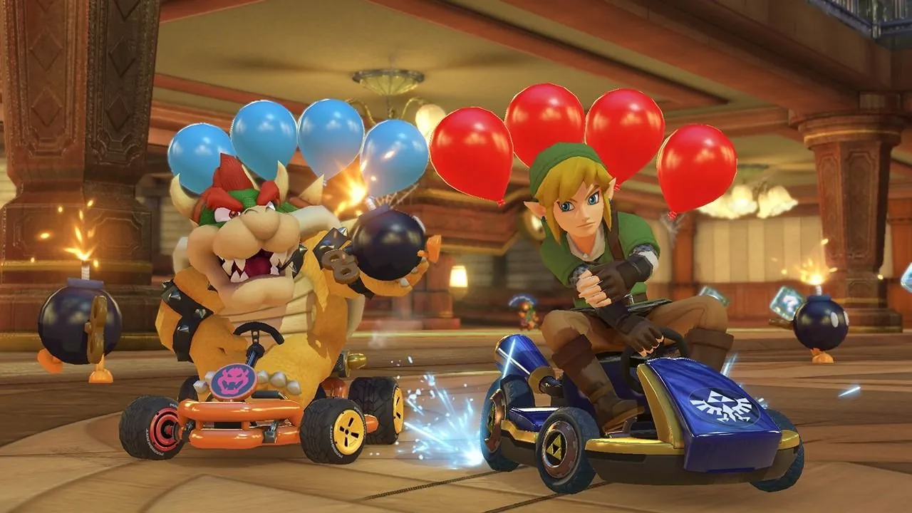 Hai nhân vật Bowser và Link đua trong game Mario Kart 8 Deluxe, ví dụ điển hình cho game Wii U được tối ưu trên Nintendo Switch
