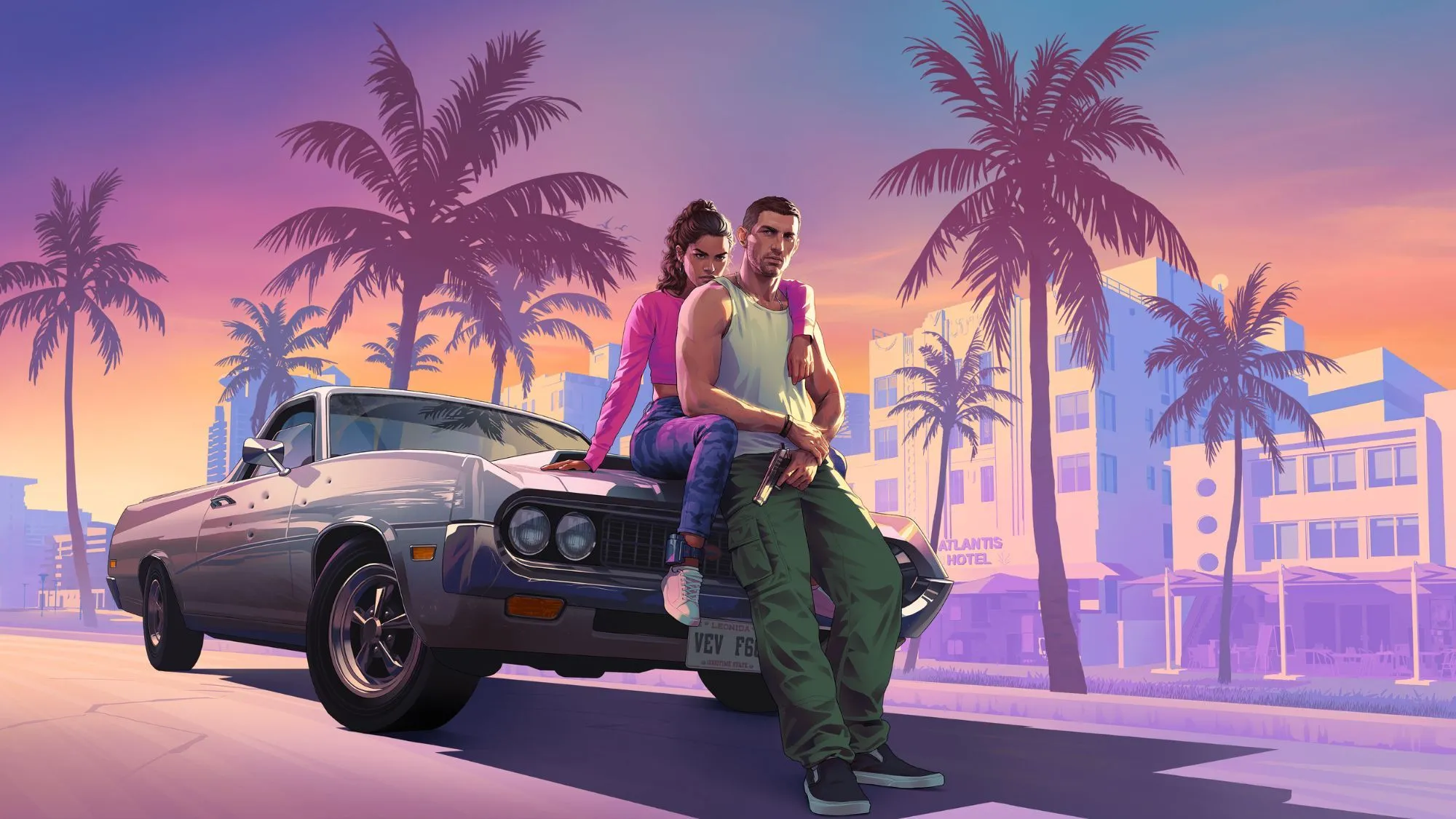 Hai nhân vật chính của GTA 6 đứng trên mui xe, thể hiện sự bùng nổ của tựa game bom tấn này