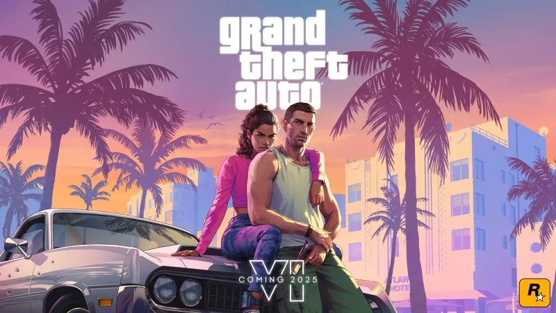 Hai nhân vật chính Grand Theft Auto VI trên xe hơi với hàng cọ xanh mát, gợi nhớ bối cảnh Miami