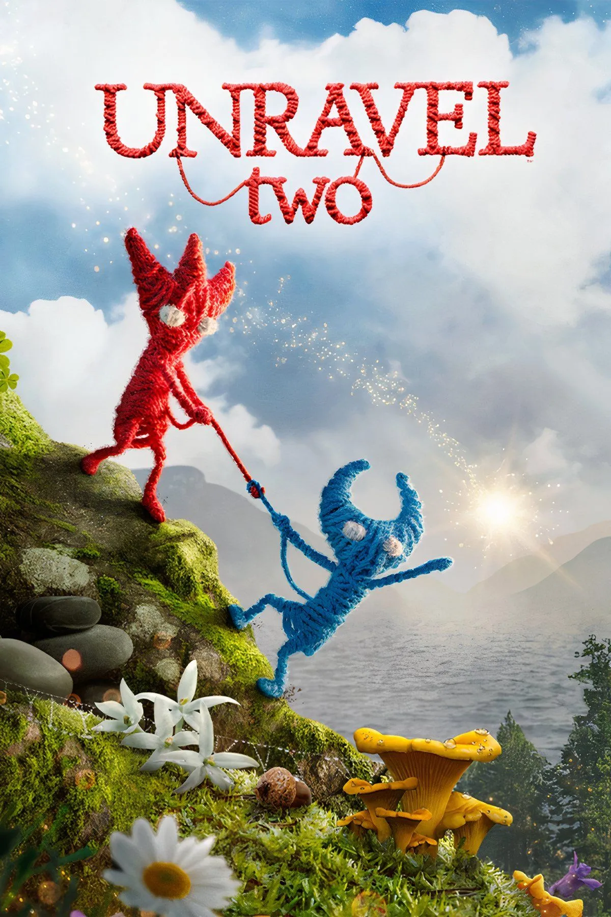 Hai nhân vật Yarny đỏ và xanh trong game Unravel Two đang vượt qua chướng ngại vật trong một khu rừng