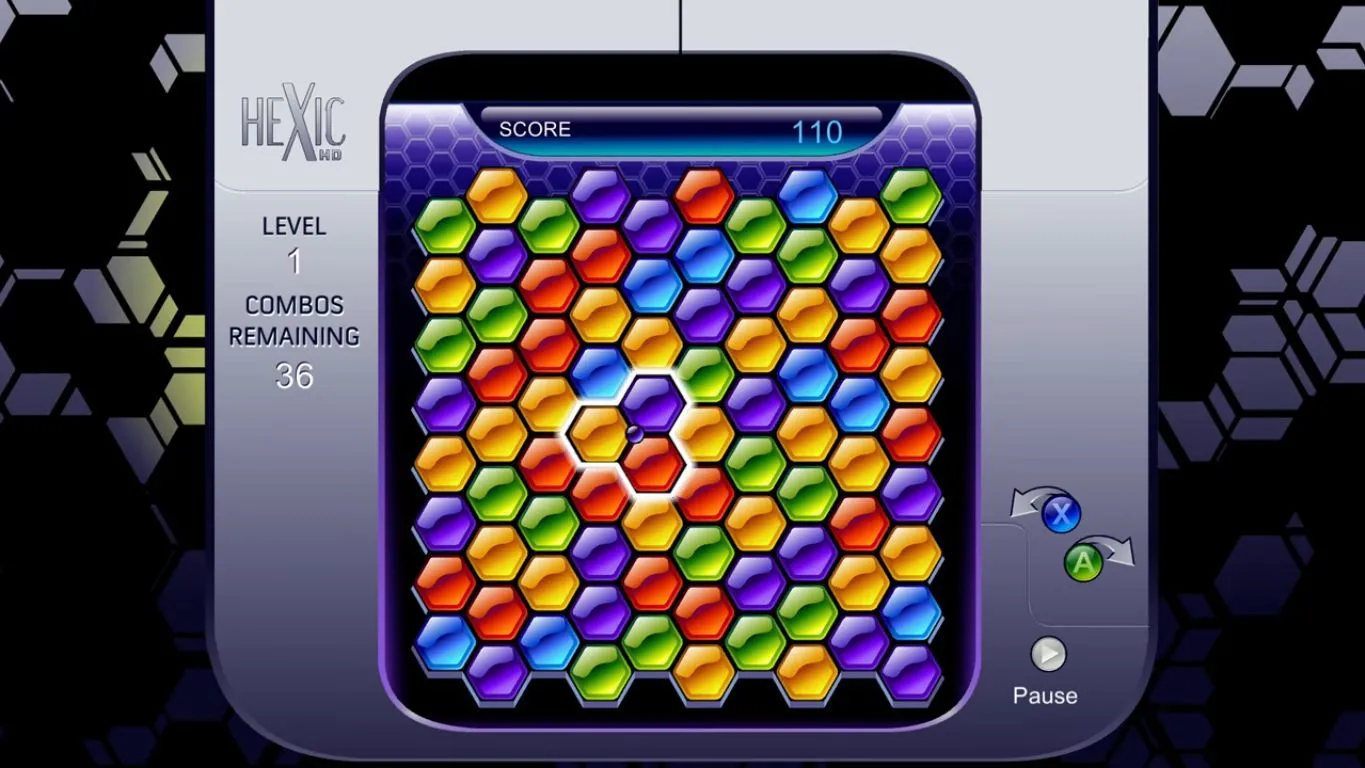 Hexic HD giao diện trò chơi giải đố trên Xbox 360 với các viên lục giác đa màu sắc