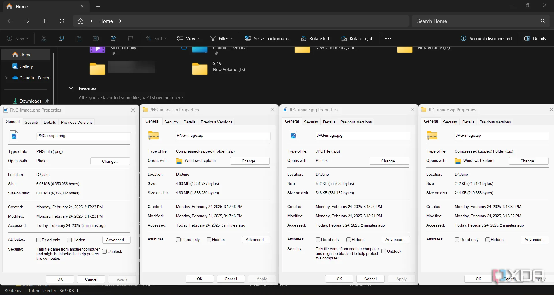 Hiển thị sự khác biệt về nén file giữa phiên bản PNG và JPG của cùng một hình ảnh với WinZIP