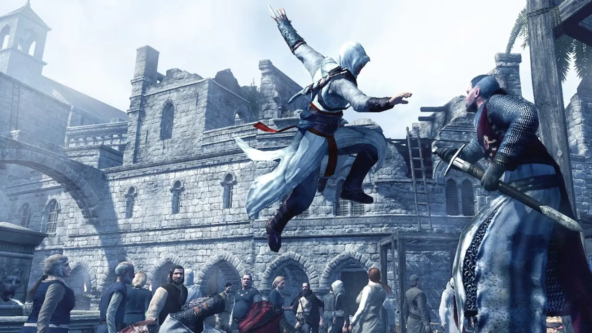 Hình ảnh Altair, sát thủ huyền thoại từ phiên bản Assassin's Creed đầu tiên, thực hiện cú nhảy niềm tin biểu tượng trên nền kiến trúc cổ.