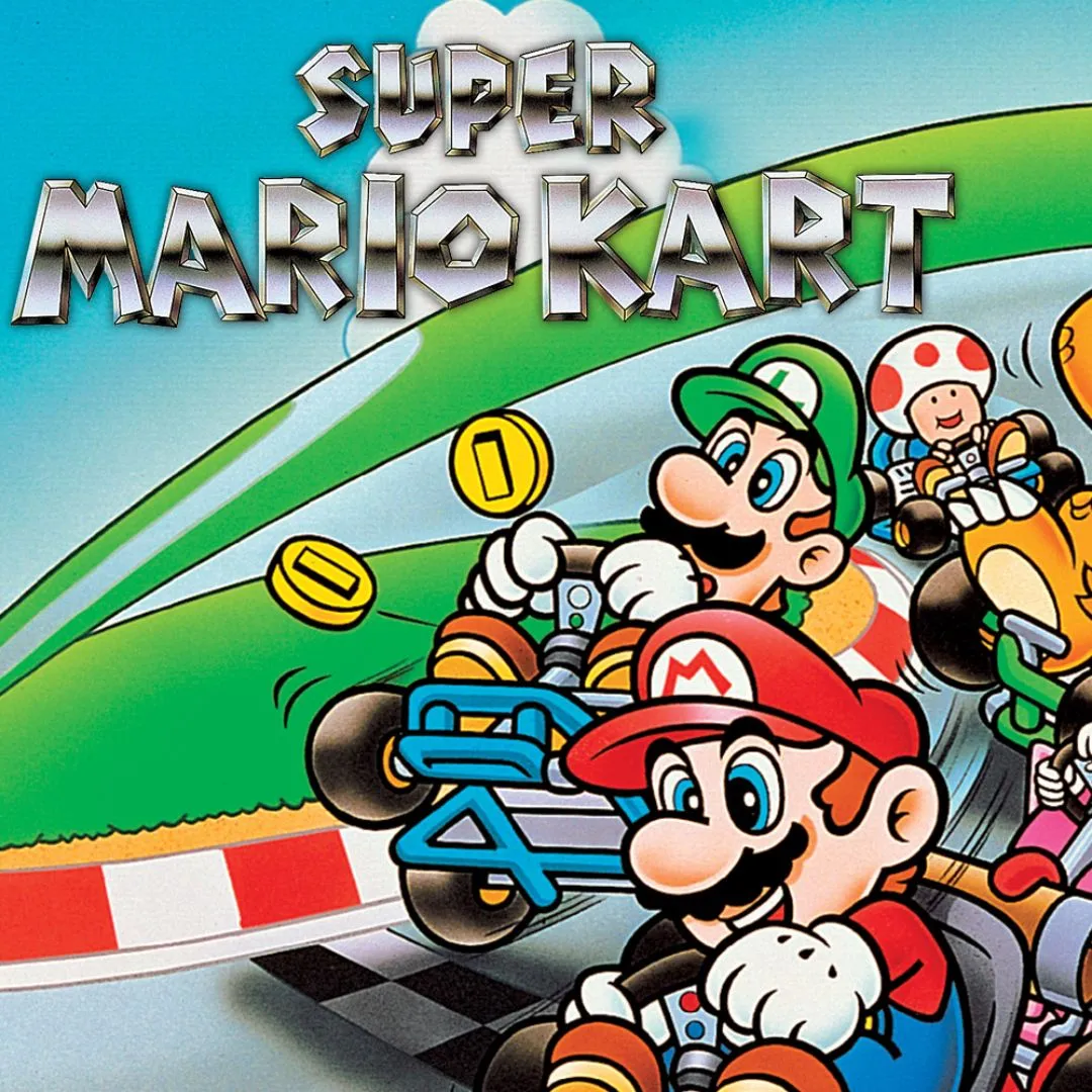 Hình ảnh bìa game Super Mario Kart SNES, với Mario và các nhân vật Nintendo trong xe kart.