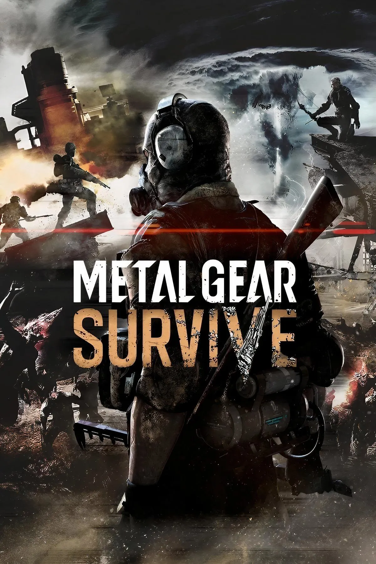 Hình ảnh bìa Metal Gear Survive, mô tả nhân vật chiến đấu với zombie trong môi trường khắc nghiệt, tượng trưng cho sự thay đổi hướng đi của series.