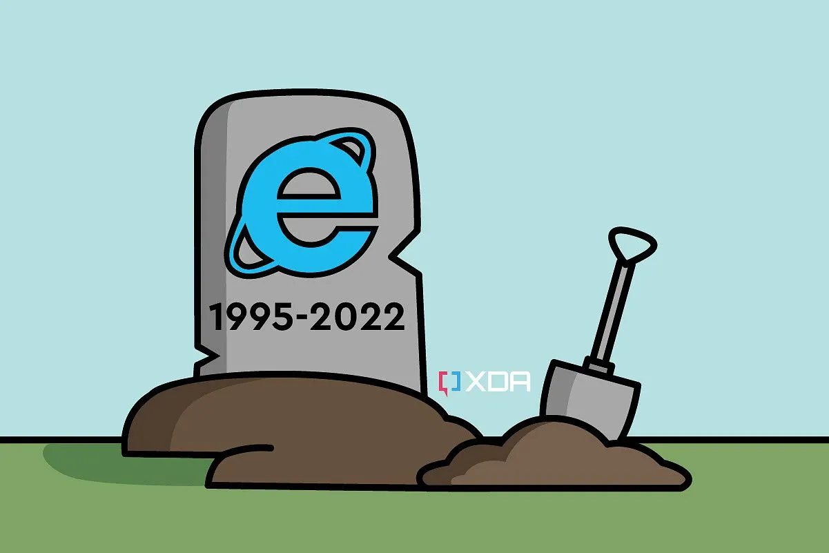 Hình ảnh biếm họa Internet Explorer trên bia mộ, tượng trưng cho sự kết thúc của trình duyệt