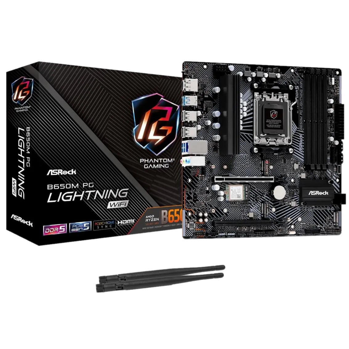 Hình ảnh bo mạch chủ ASRock B650M PG Lightning WiFi, một lựa chọn mainboard DDR5 giá trị, cung cấp các tính năng thiết yếu bao gồm cổng M.2 Gen5.