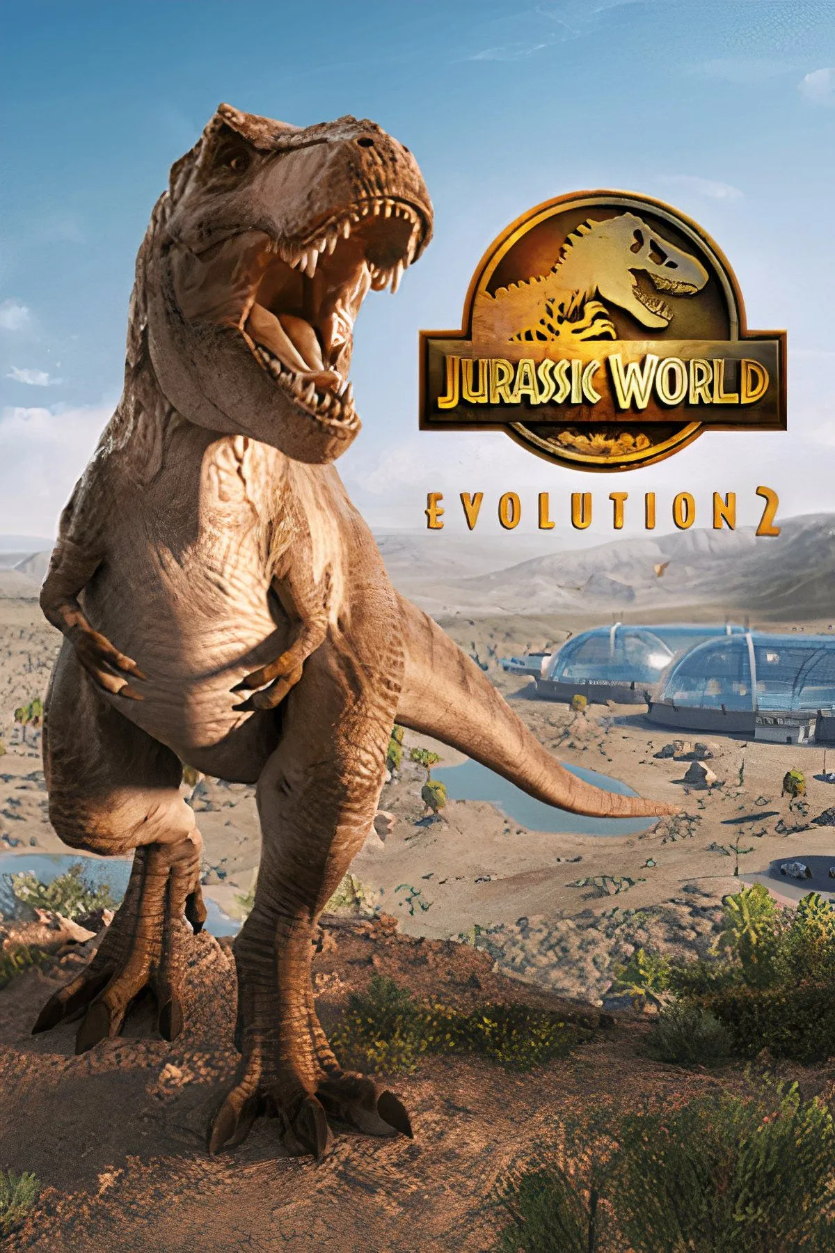 Hình ảnh cắt ghép cảnh game Jurassic World Evolution 2 với khủng long T-Rex và công viên hiện đại