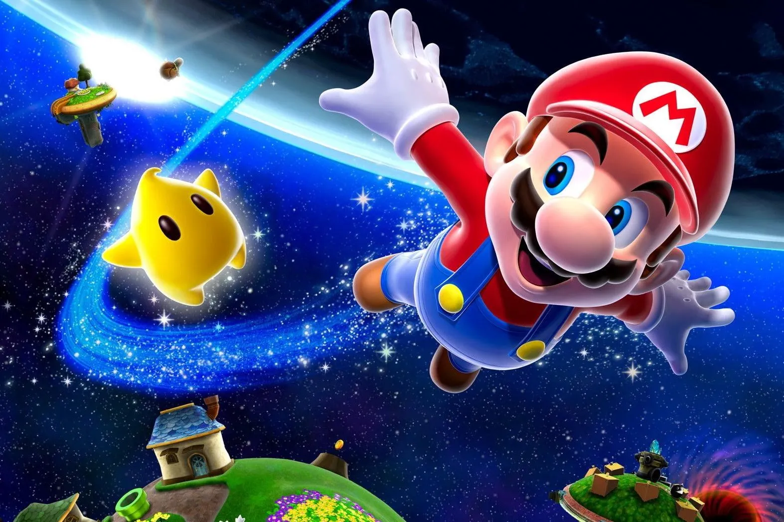 Hình ảnh chính của Super Mario Galaxy, với Mario bay lượn trên các hành tinh nhỏ trong không gian.