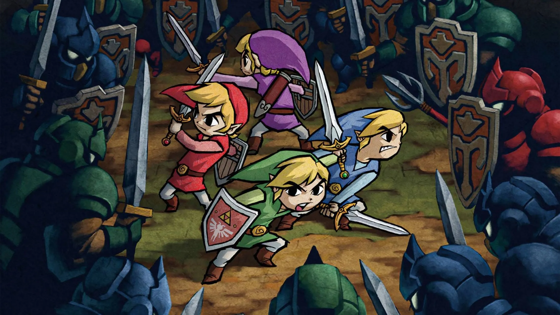 Hình ảnh chính thức từ The Legend of Zelda: Four Swords Adventure, miêu tả bốn phiên bản Link cùng chiến đấu với kẻ thù